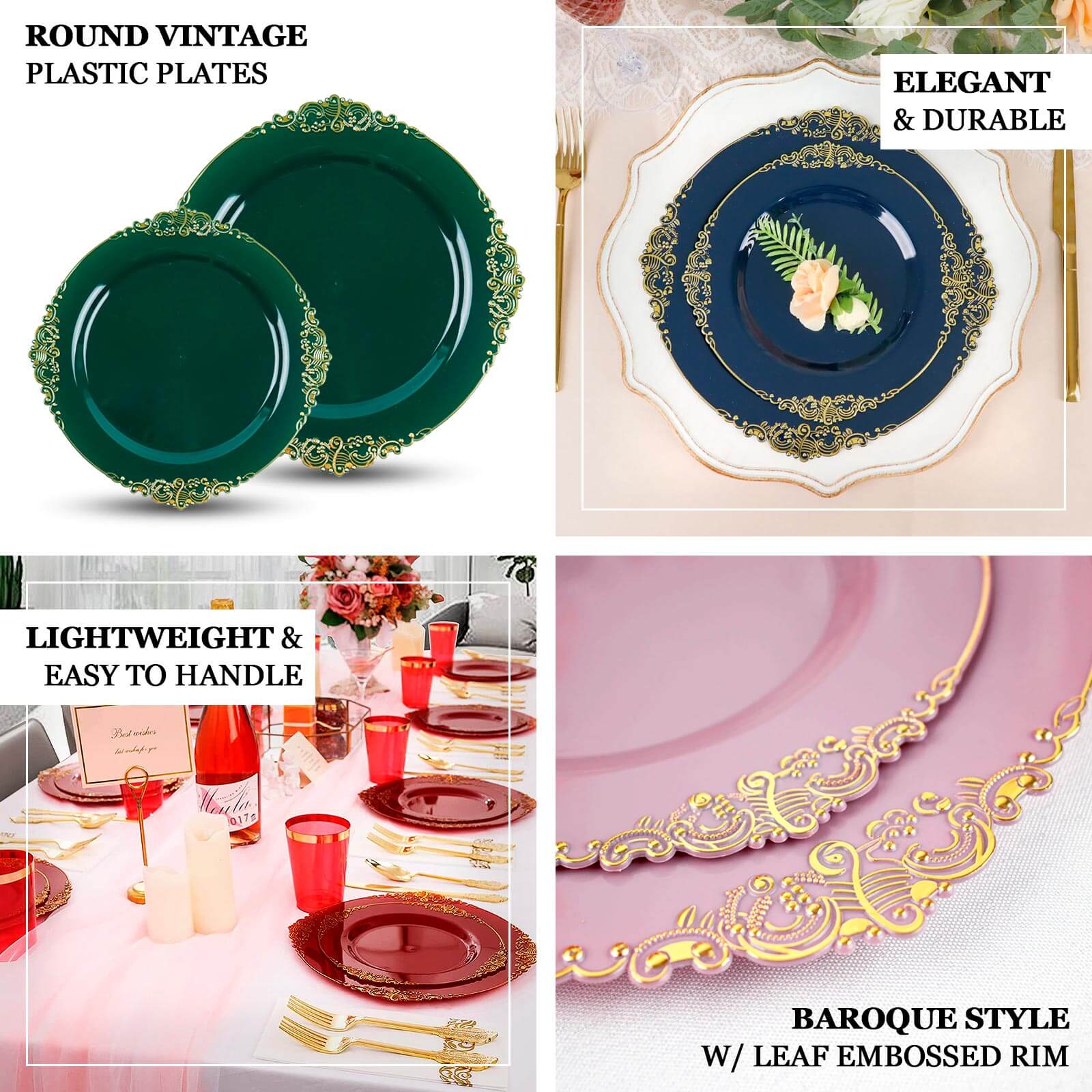 10-Pack Plastic 10" Round Dinner Plates in Ivory with Gold Leaf Embossed Rim - Disposable Vintage Baroque Style Plates