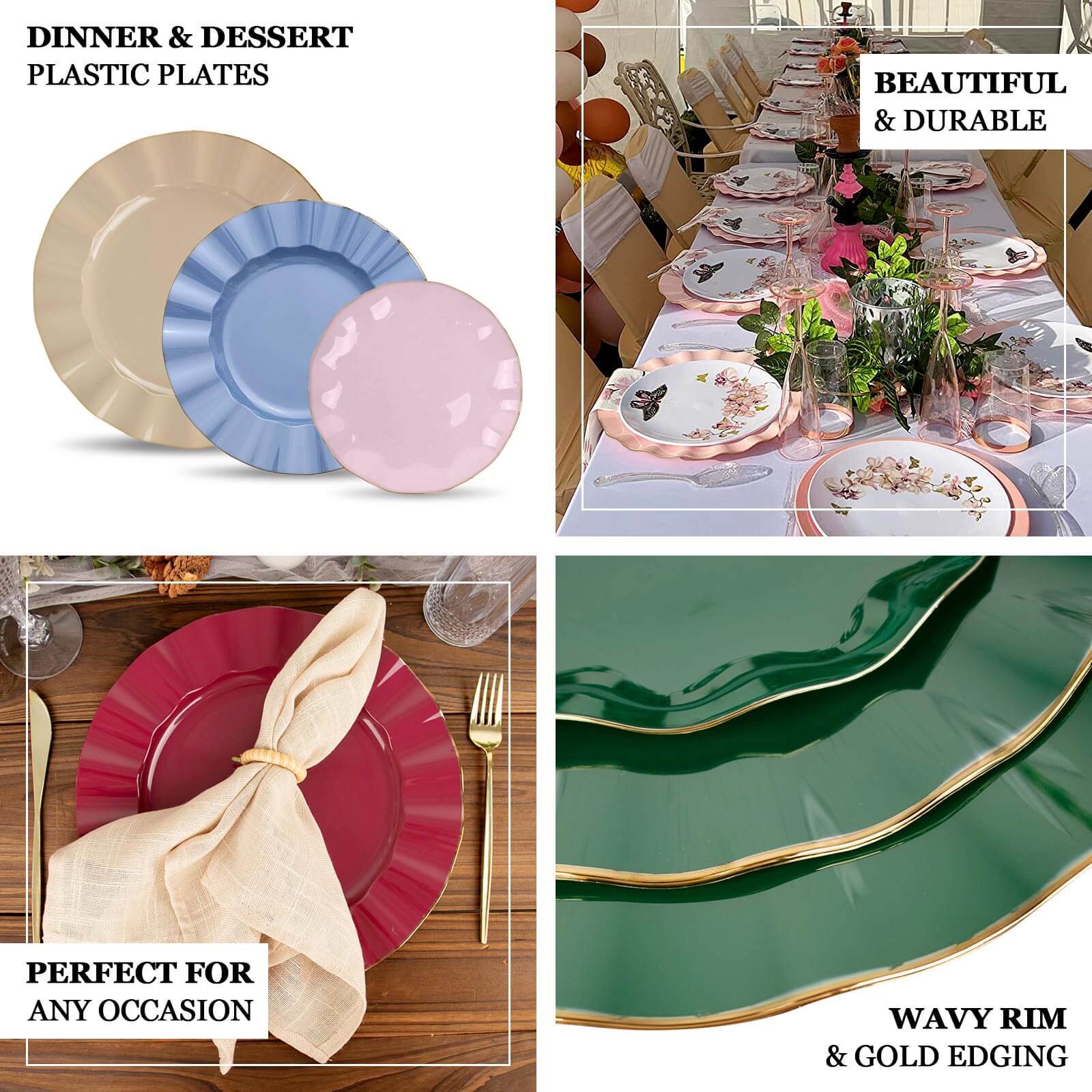 10-Pack Plastic 9" Round Dinner Plates in Black Ruffled Rim with Gold Edging - Sturdy Disposable Dinnerware