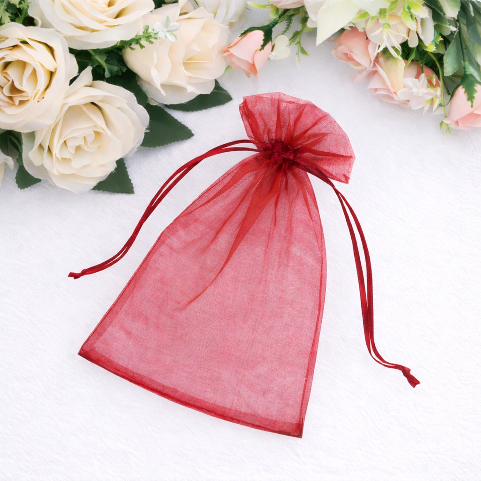 100 Pack Burgundy Organza Gift Bags with Drawstring, 5" x 7" – Wedding Party Favor Bags