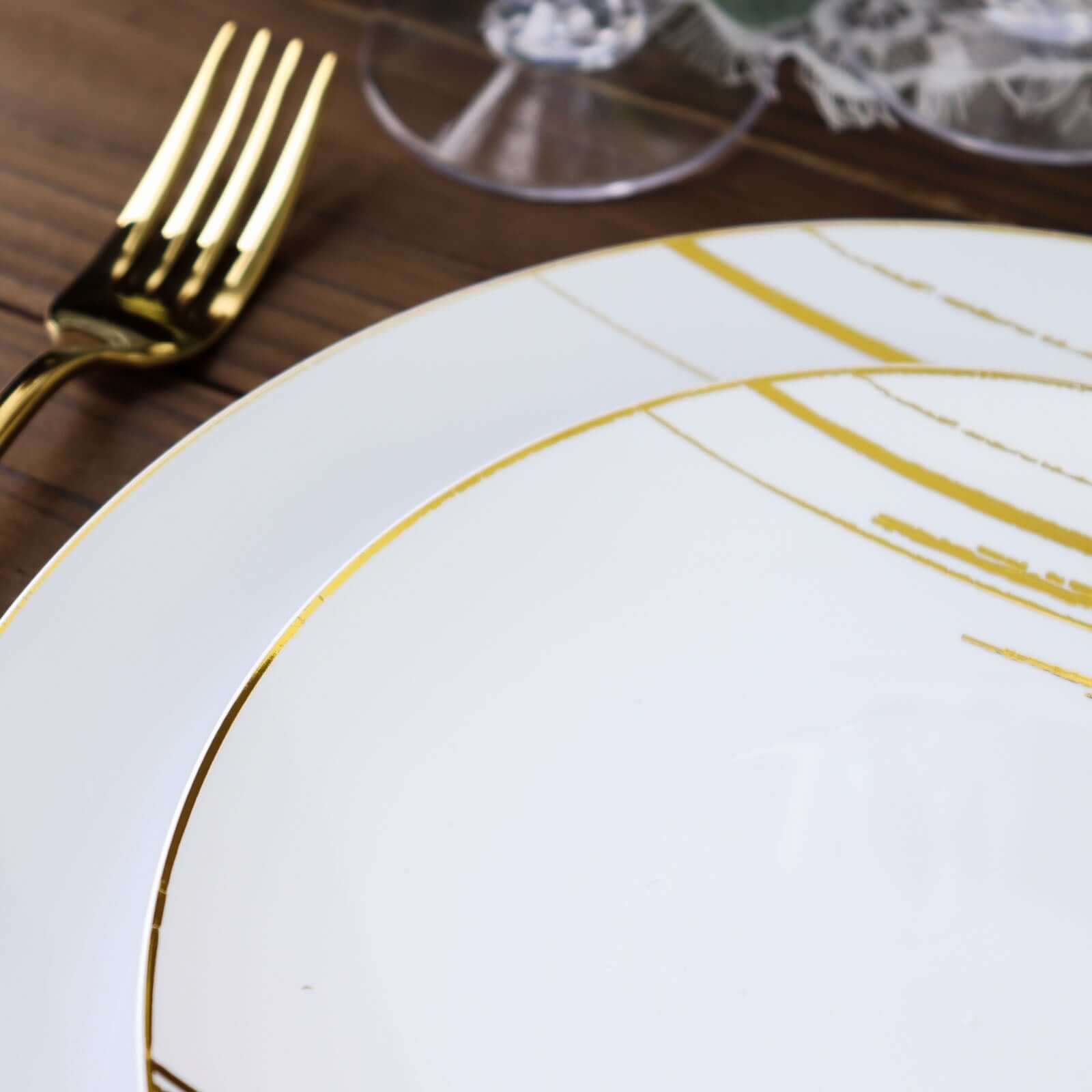 10-Pack Plastic 7" Round Dessert Plates in White with Gold Brush Stroked Print - Disposable Appetizer Salad Plates