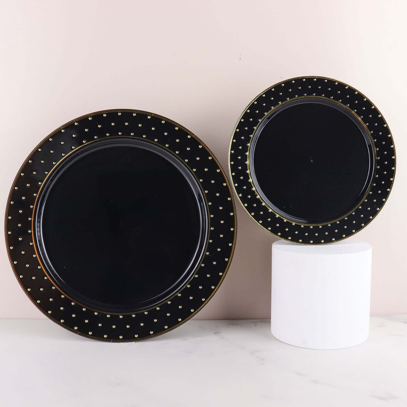 10-Pack Plastic 10" Round Dinner Plates in Black with Gold 3D Polka Dotted Rim - Sturdy Disposable Party Plates for Modern Themed Events & Banquets