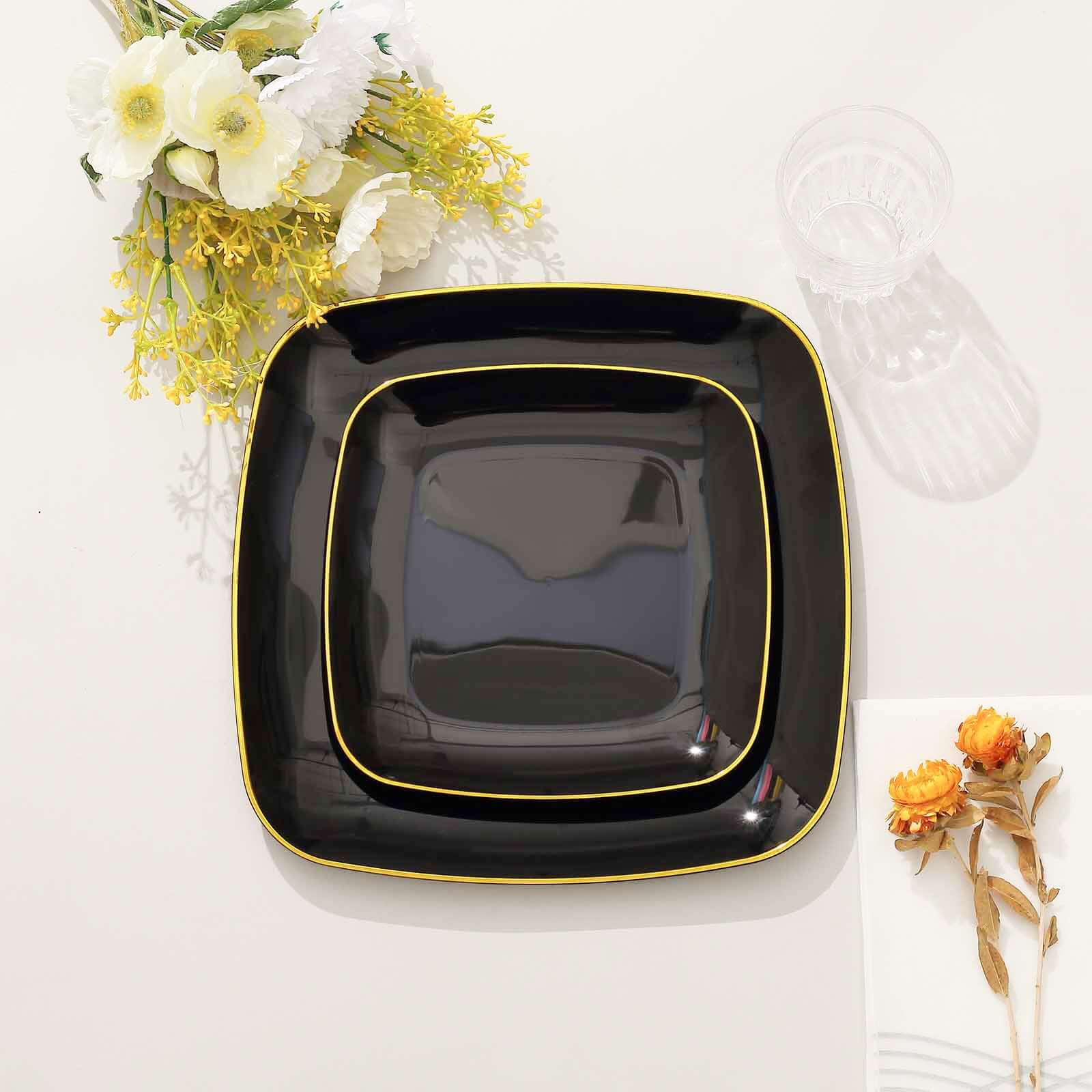 10-Pack Plastic 10" Square Dinner Plates in Black with Gold Rim - Classy Disposable Lunch Party Plates