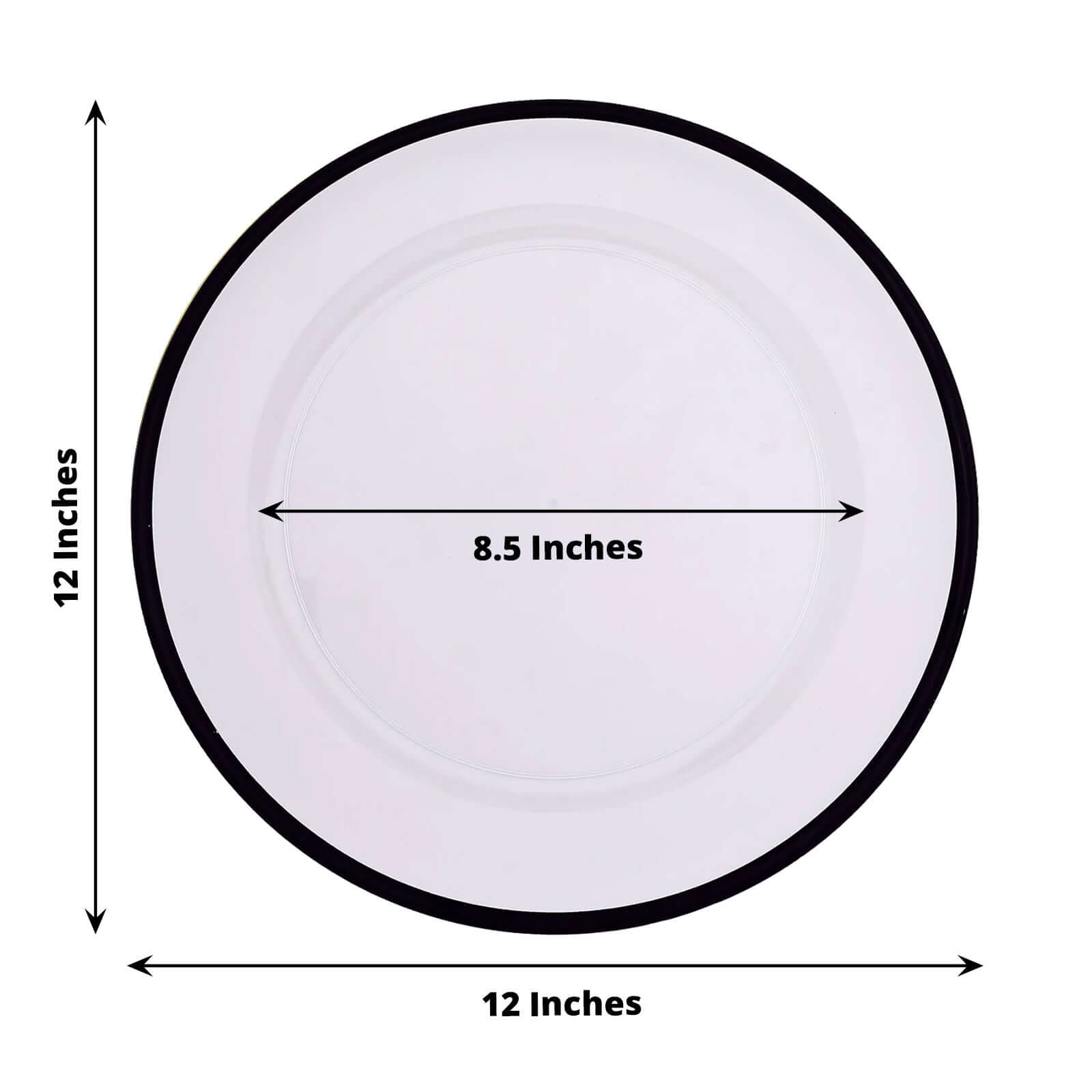 10-Pack Economy Plastic Round Charger Plates 12" in Clear with Wide Black Rim, Decorative Dinner Party Serving Plates