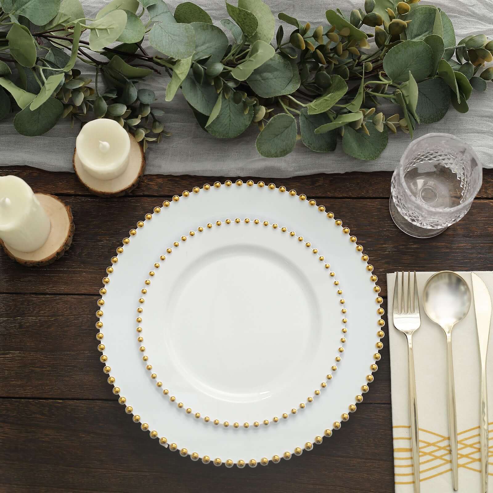 10-Pack White Plastic Dessert Plates – 8" Round with Gold Beaded Rim, Disposable for Parties & Events