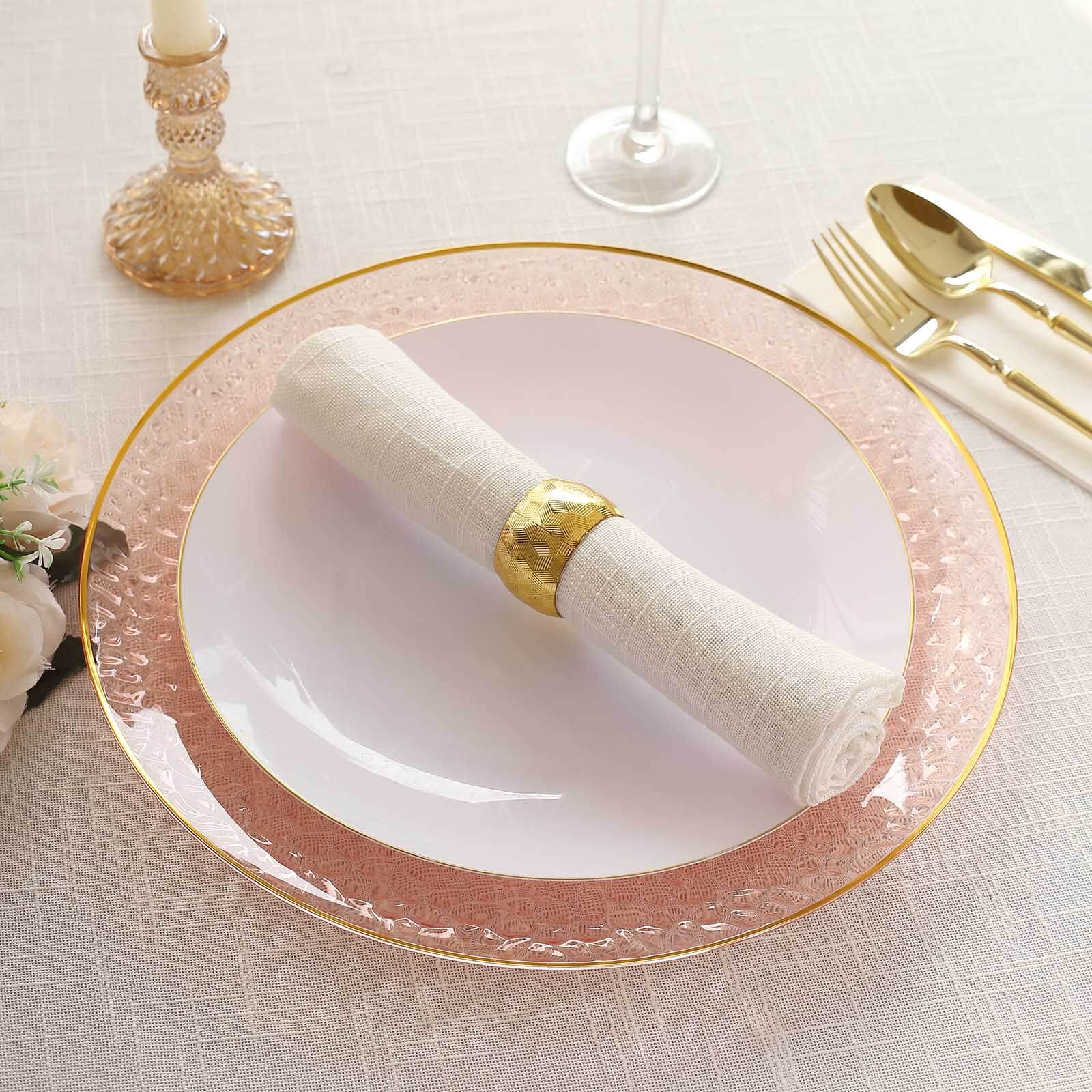 10 Pack Economy Plastic Round Charger Plates 13" in Transparent Blush Hammered Design with Gold Rim, Decorative Dinner Party Serving Plates