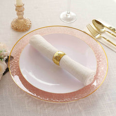 10 Pack Economy Plastic Round Charger Plates 13" in Transparent Blush Hammered Design with Gold Rim, Decorative Dinner Party Serving Plates