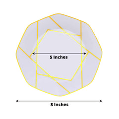 10-Pack Plastic 8" Octagon Dessert Plates in White - Modern Disposable Salad/Appetizer Plates with Gold Geometric Design for Special Occasions & Celebrations
