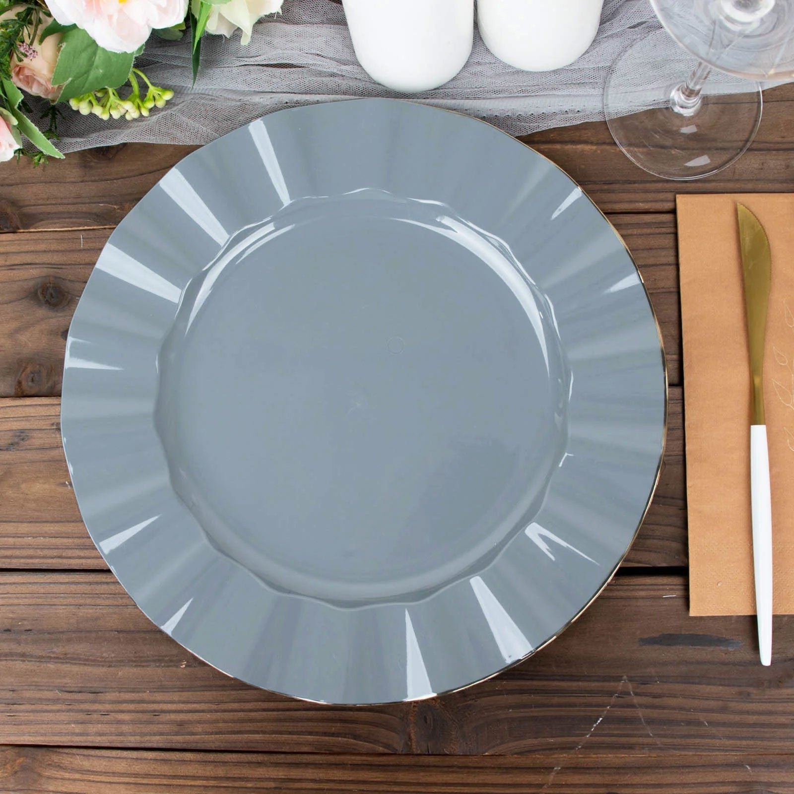 10-Pack Plastic 11" Round Dinner Plates in Dusty Blue Ruffled Rim with Gold Edging - Sturdy Disposable Dinnerware