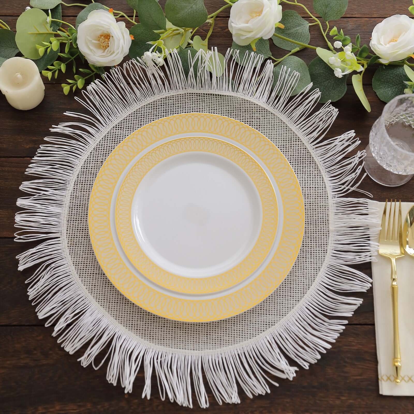 10-Pack Plastic Round Dinner Plates 10" White with Beige Gold Spiral Rim - Chic Disposable Party Plates