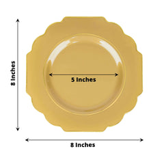 10-Pack Plastic Dessert Appetizer Plates in Gold Baroque Design with Scalloped Gold Rim - Heavy Duty Disposable Salad Plates 8"
