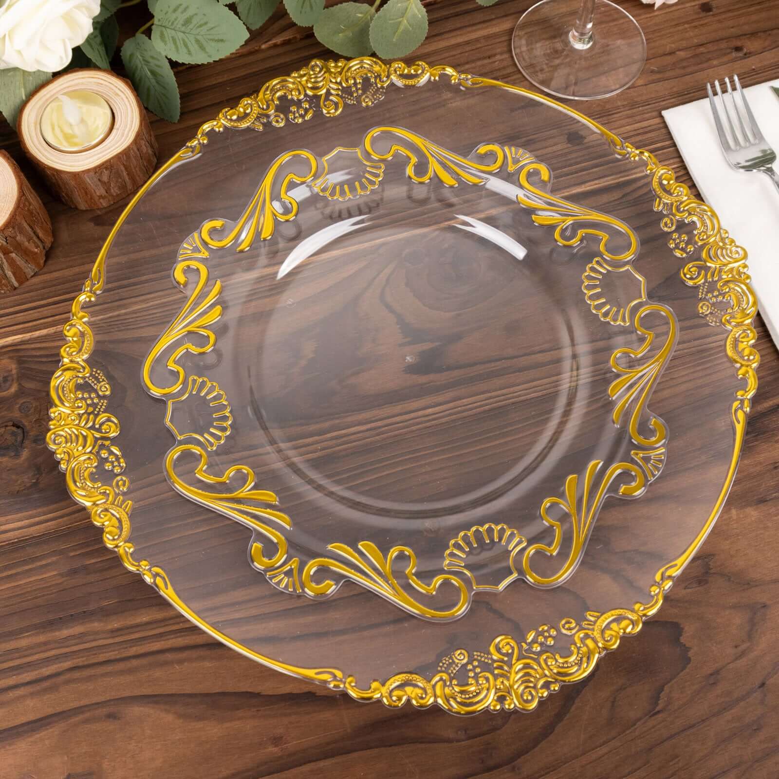 10-Pack Plastic 10" Round Dinner Plates in Clear with Gold Vintage Baroque Scalloped Rim - European Style Disposable Party Plates