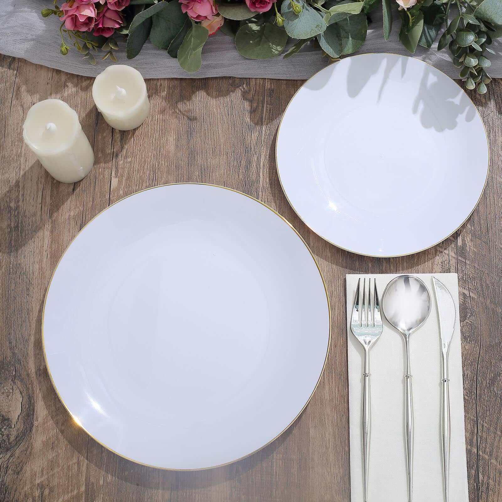 10-Pack Plastic 8" Round Dessert Plates in White with Gold Rim - Glossy Disposable Appetizer Salad Plates for Banquets & Special Occasions