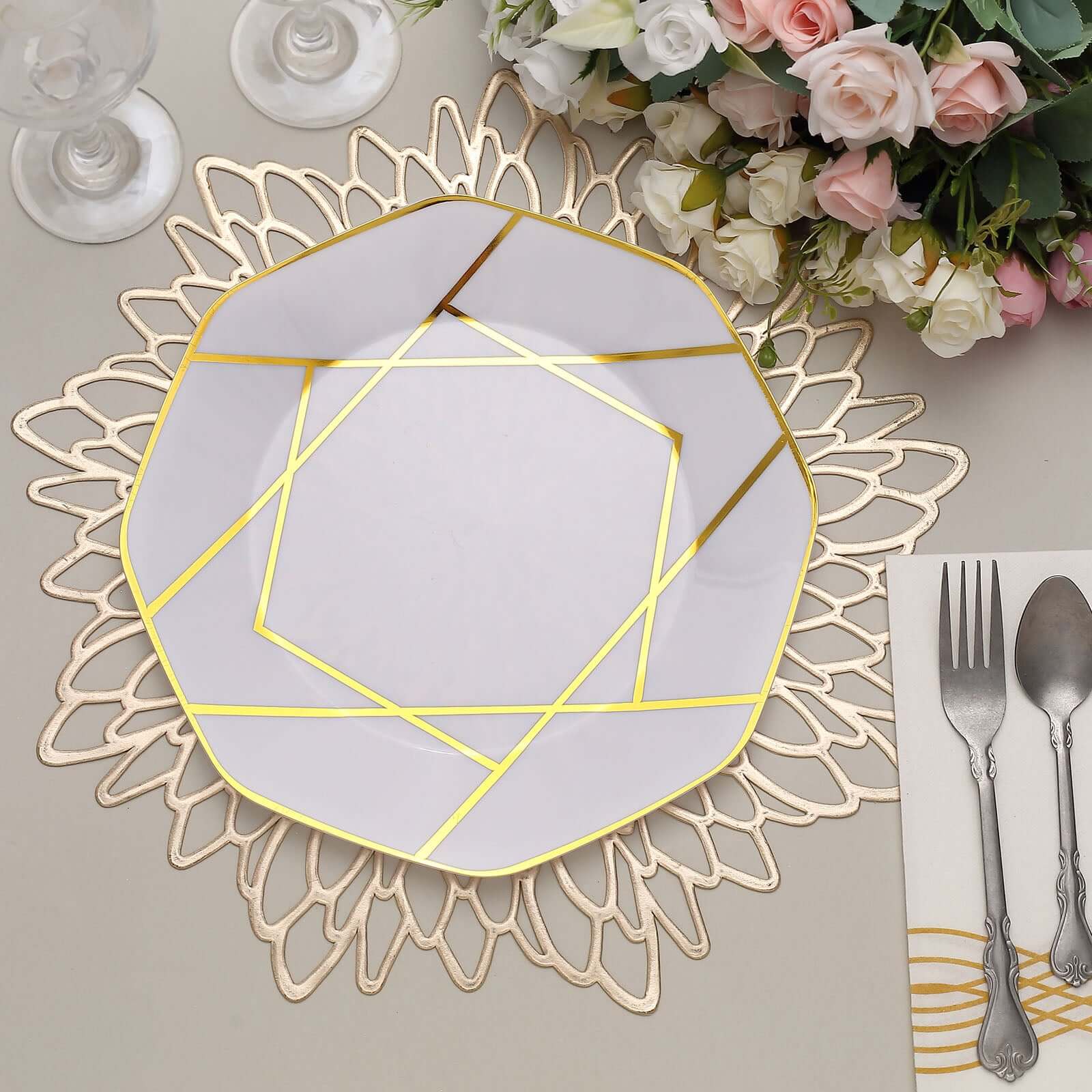10-Pack Plastic 10" Octagon Dinner Plates in White - Modern Disposable Party Plates with Gold Geometric Design for Special Occasions & Celebrations