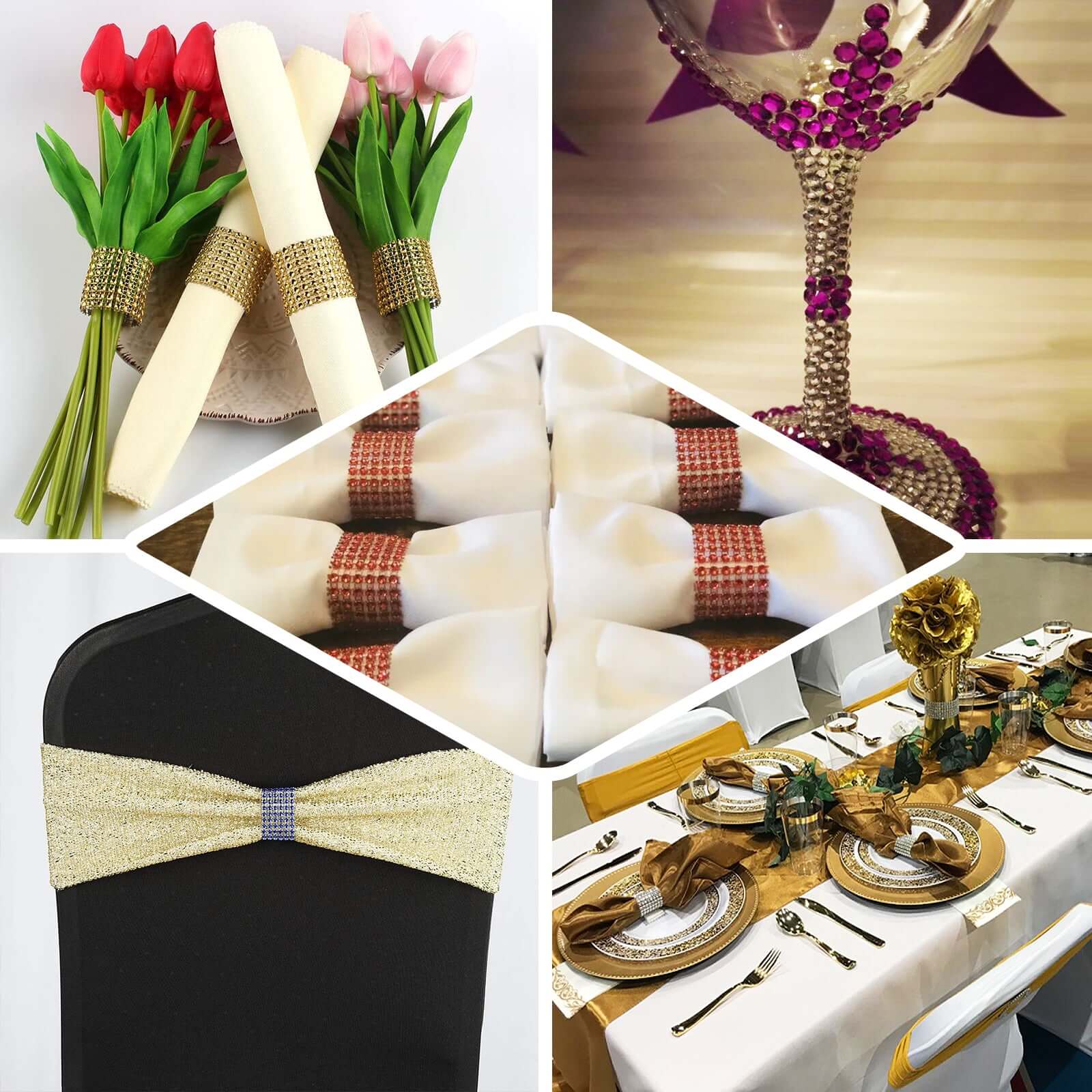10 Pack Rhinestone Napkin Rings with Velcro Brooch Buckle Champagne - Stylish Design for Chair Sashes