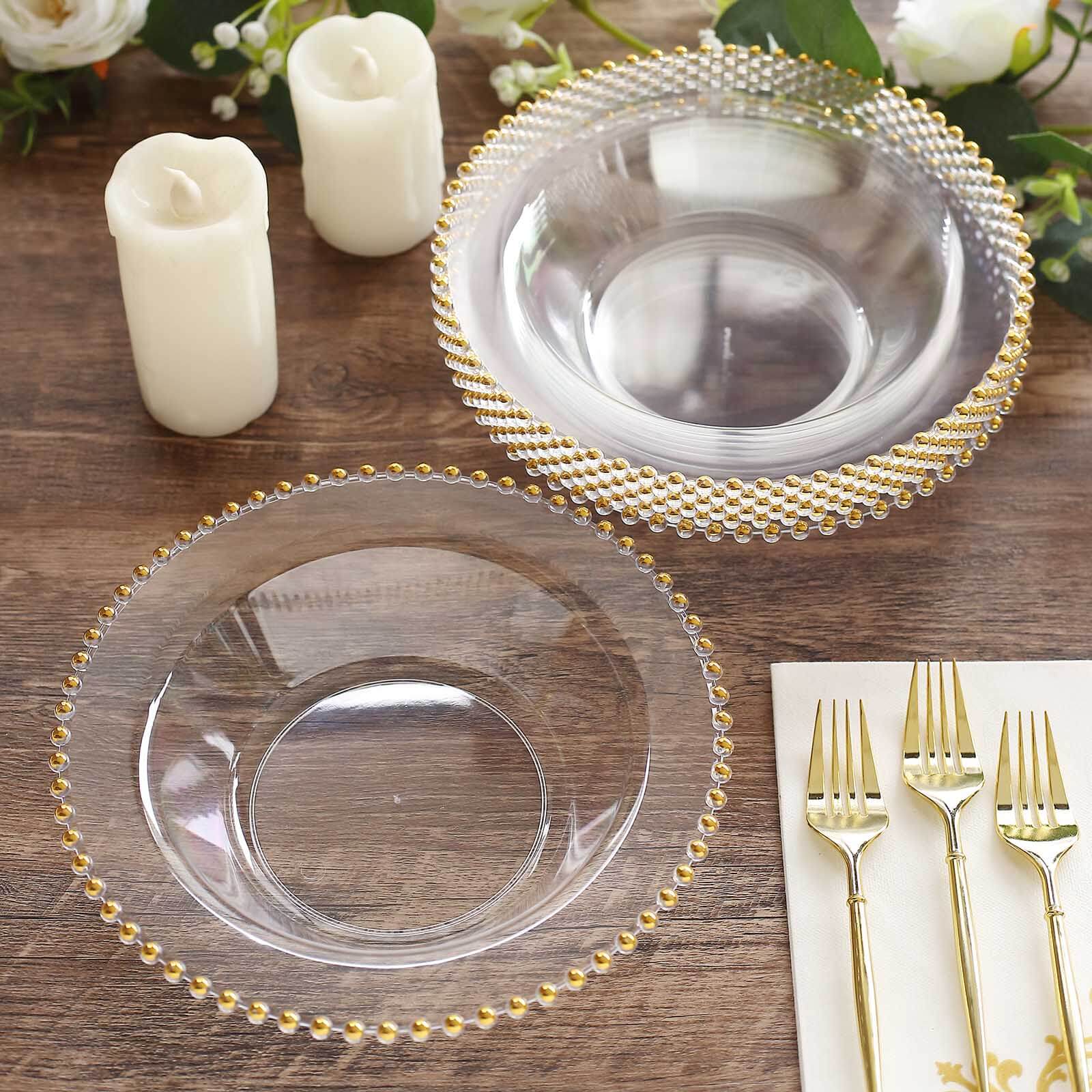 10-Pack Plastic Dessert Salad Bowls Clear Round Design with Gold Beaded Rim - Disposable Soup Bowls 12oz