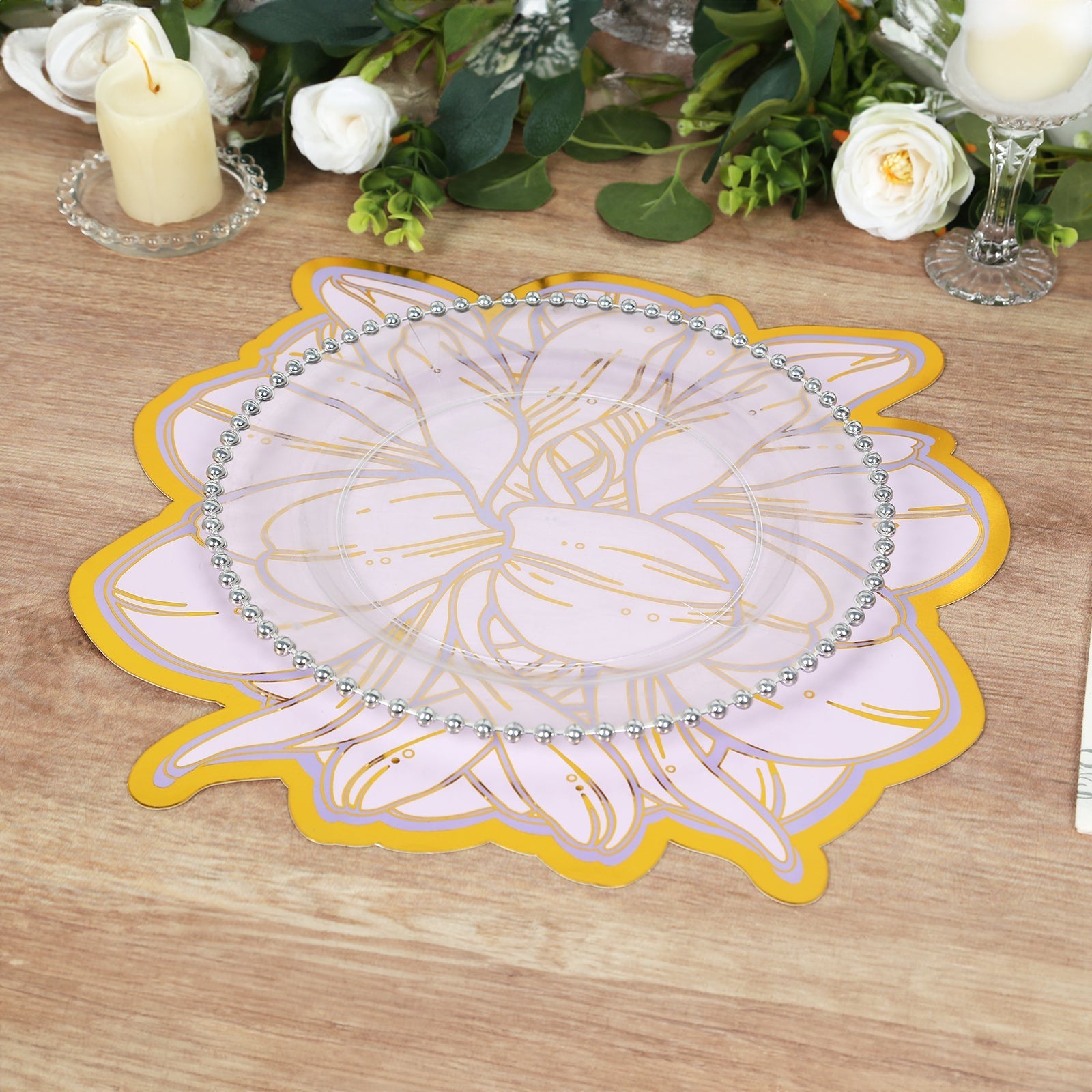 10-Pack Disposable Table Placemats in Lavender with Peony Flower Print & Gold Foil Edges - Lilac 300GSM Floral Cardboard Placemats for Dinner Parties & Gatherings 14"