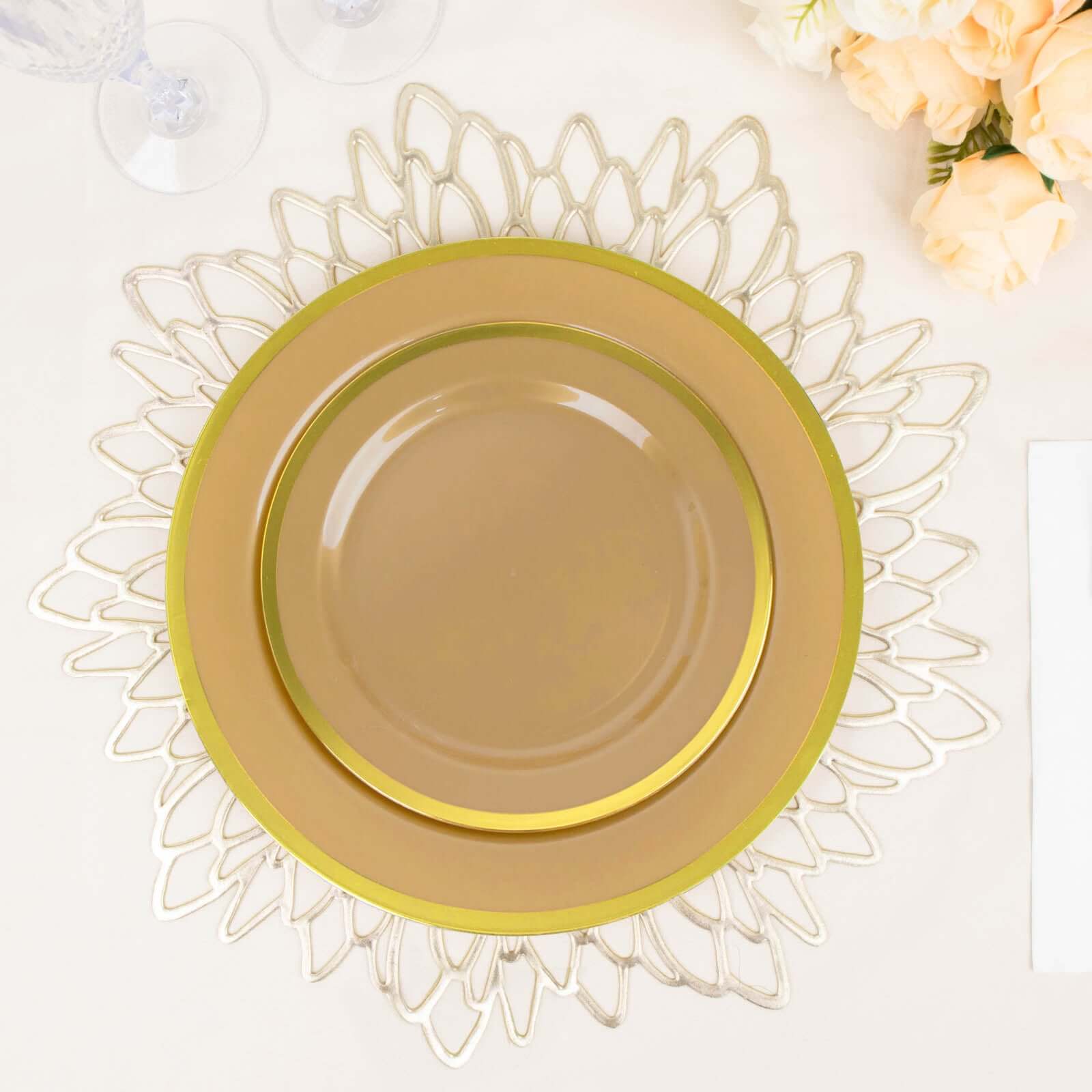 10-Pack Plastic 7" Round Appetizer Plates in Gold - Sleek Disposable Salad Plates for Banquets & Special Occasions