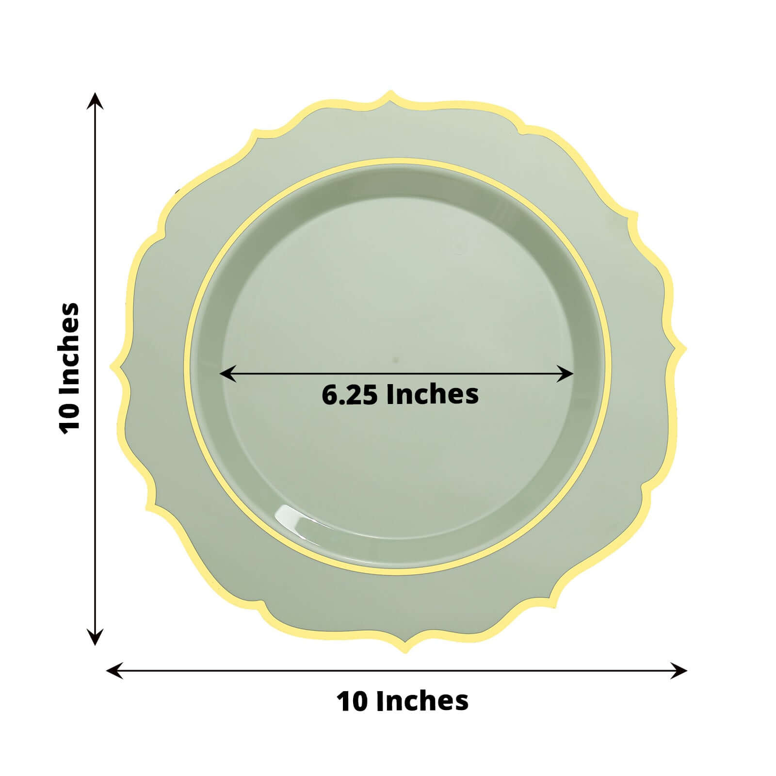 10-Pack Plastic 10" Round Dinner Plates in Sage Green with Gold Scalloped Rim - Disposable Party Plates
