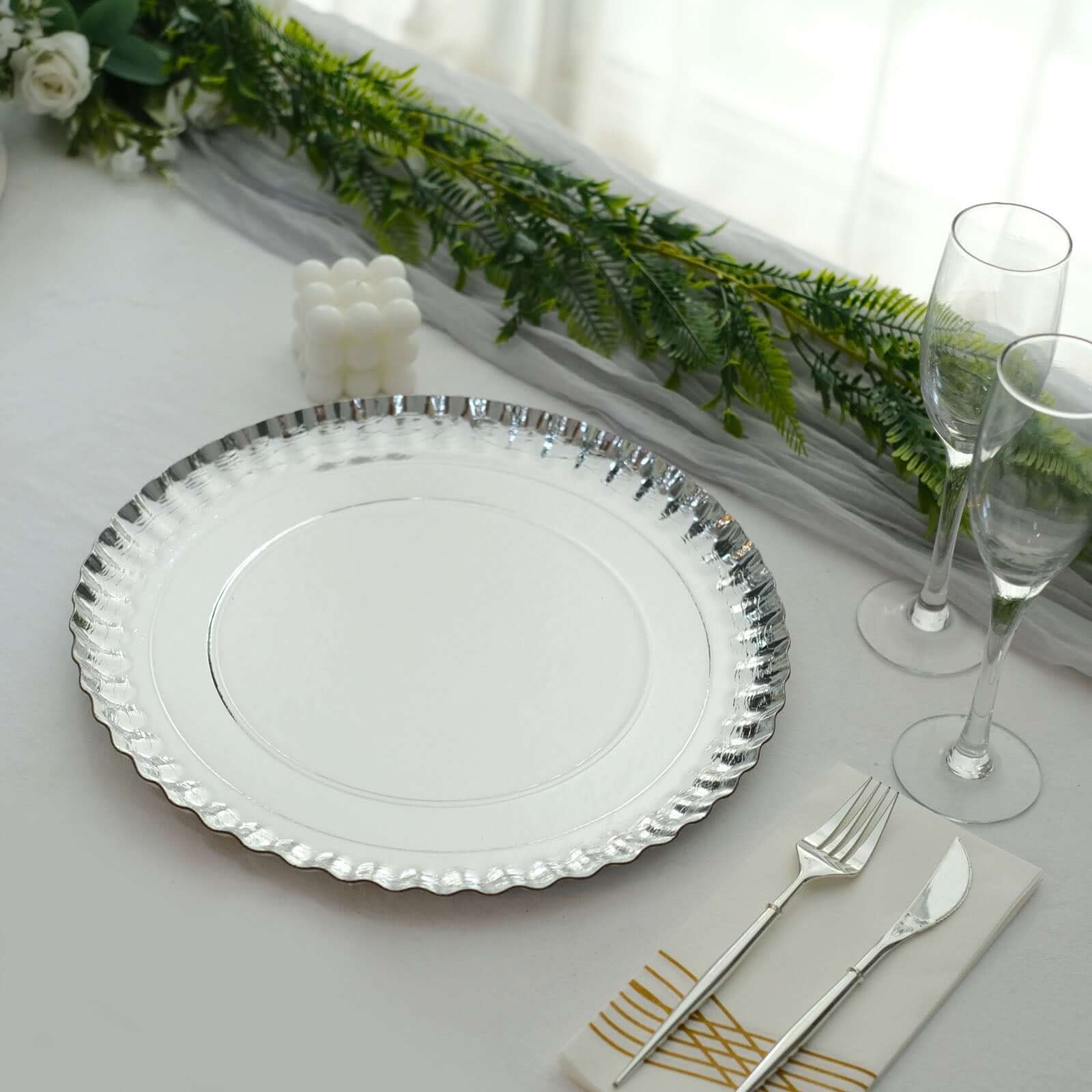 10-Pack Paper 13" Round Charger Plates in Silver with Scalloped Rims - Heavy Duty Disposable 1100GSM Serving Trays for Glam Events & Wedding Receptions