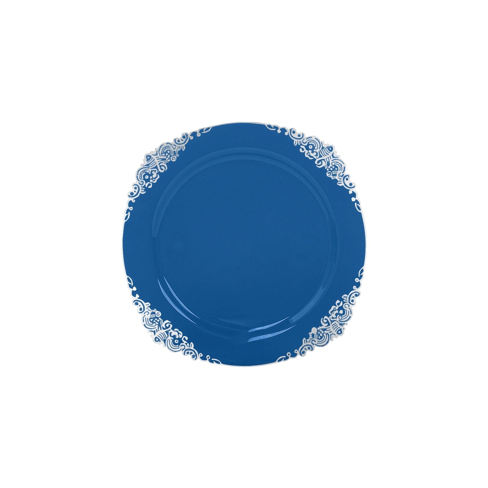10-Pack Plastic 8" Round Dessert Plates in Transparent Navy Blue with Silver Leaf Embossed Rim - Disposable Vintage Baroque Style Salad Plates