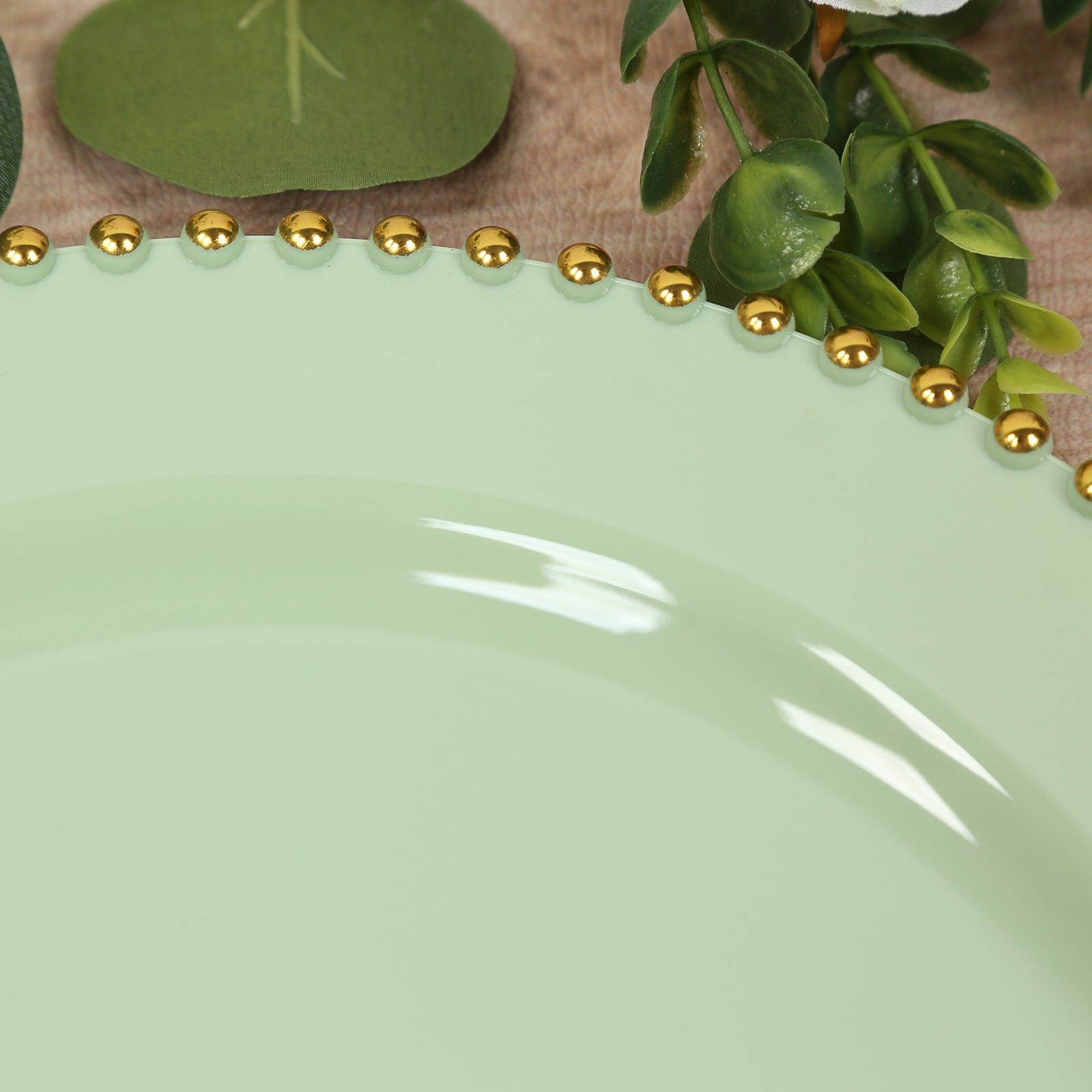 10-Pack Economy Round Plastic Charger Plates 13" in Sage Green with Gold Beaded Rim, Stylish Dinner Party Serving Plates