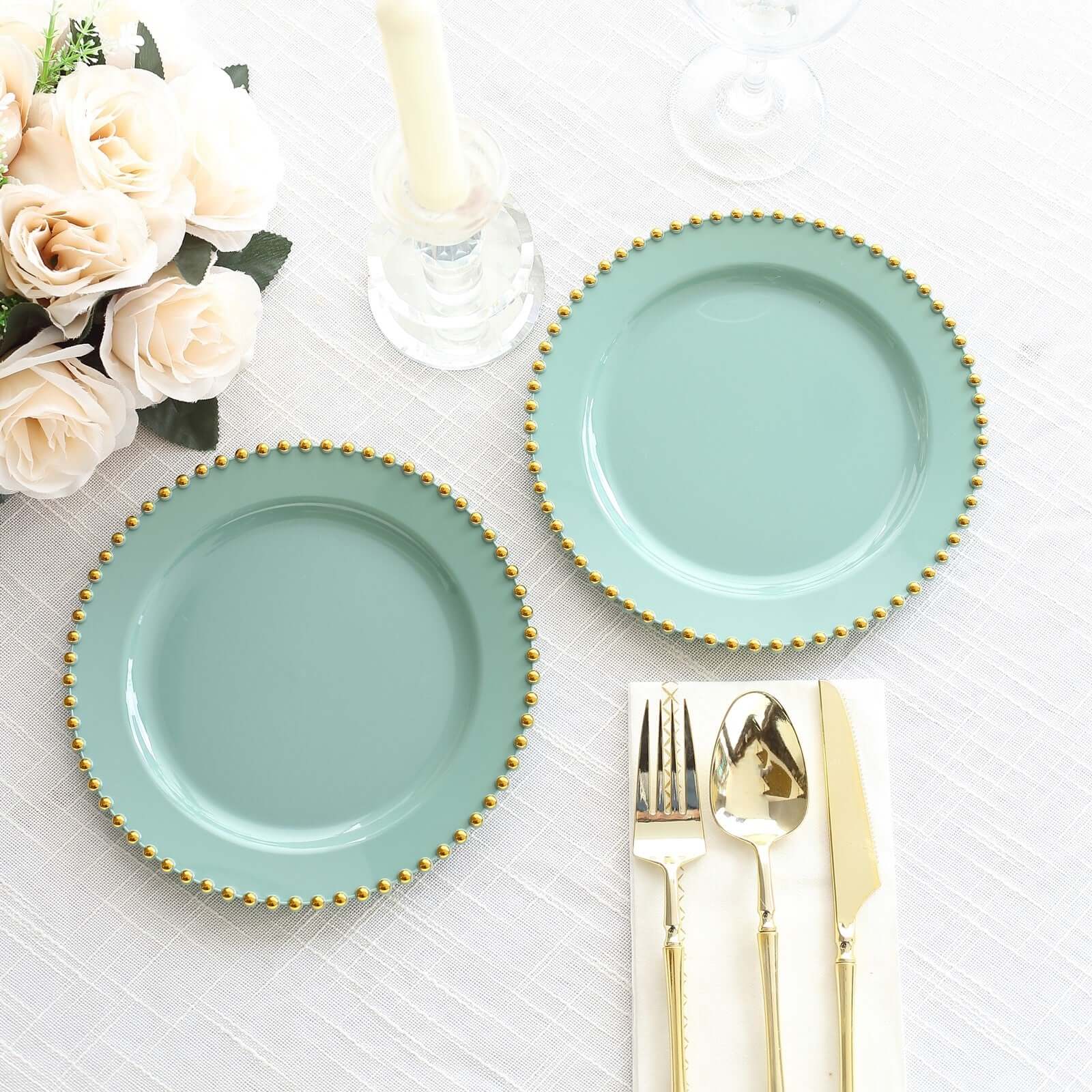 10-Pack Dusty Sage Green Plastic Dessert Plates – 8" Round with Gold Beaded Rim, Disposable for Parties & Events