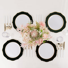 10-Pack Plastic 10" Round Dinner Plates in White with Hunter Emerald Green Blossom Design & Gold Edging - Disposable Party Plates