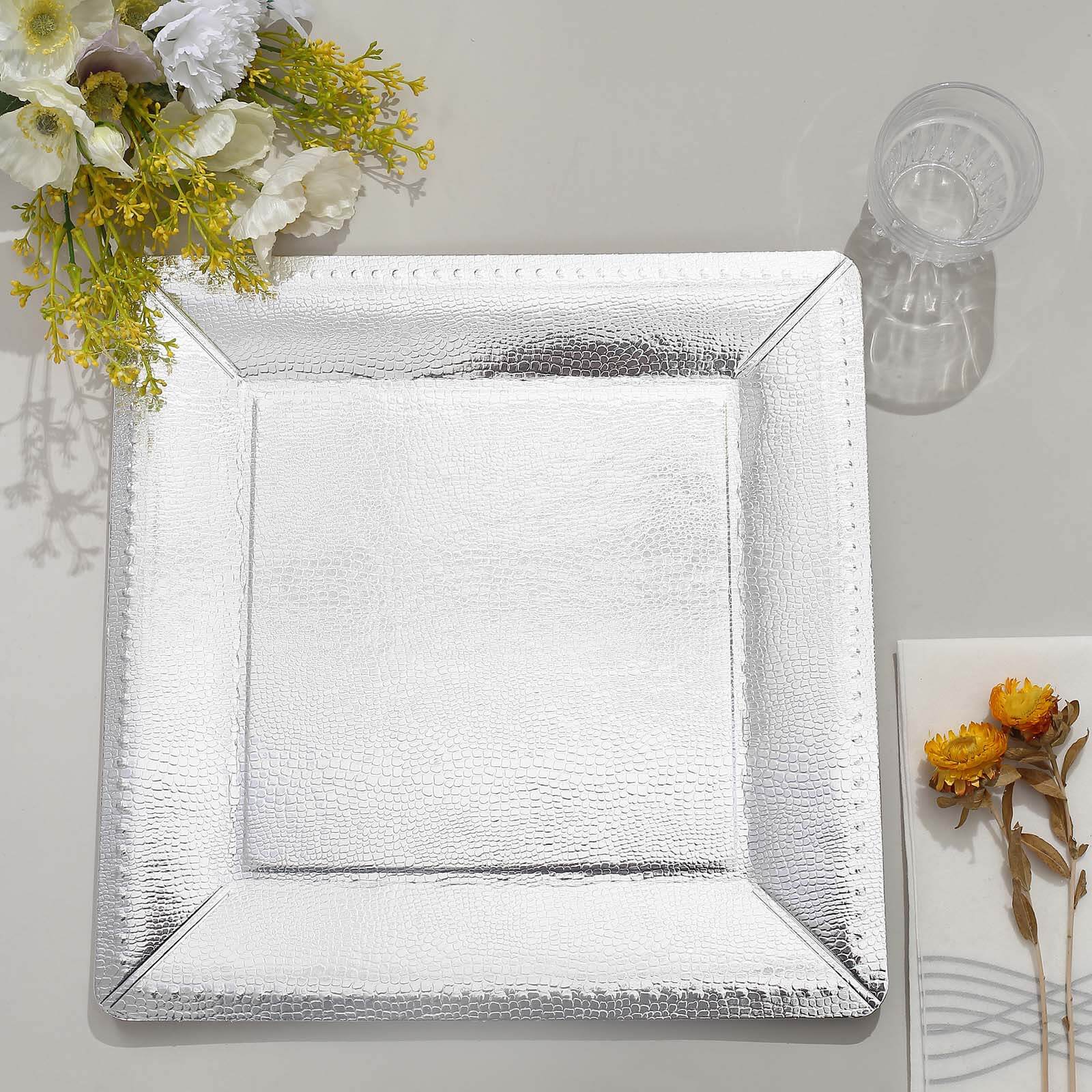 10-Pack Disposable Square Charger Plates in Silver with Leather Like Texture - 1100GSM Durable Paper Chargers 13"