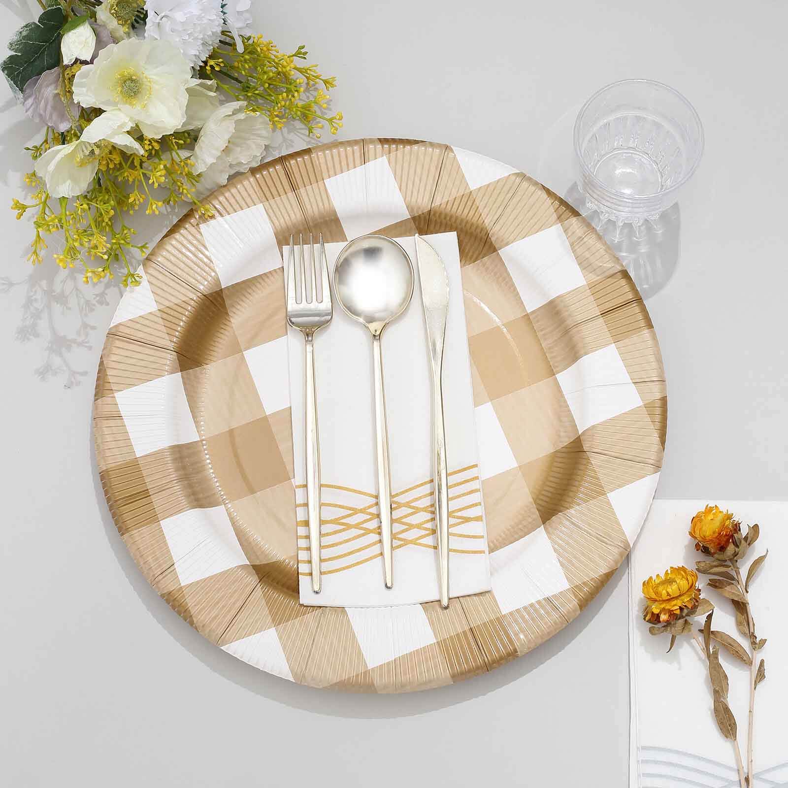 10-Pack Disposable Paper Charger Plates – Gold/White Buffalo Plaid 13" Round Table Chargers, 350 GSM Cardstock