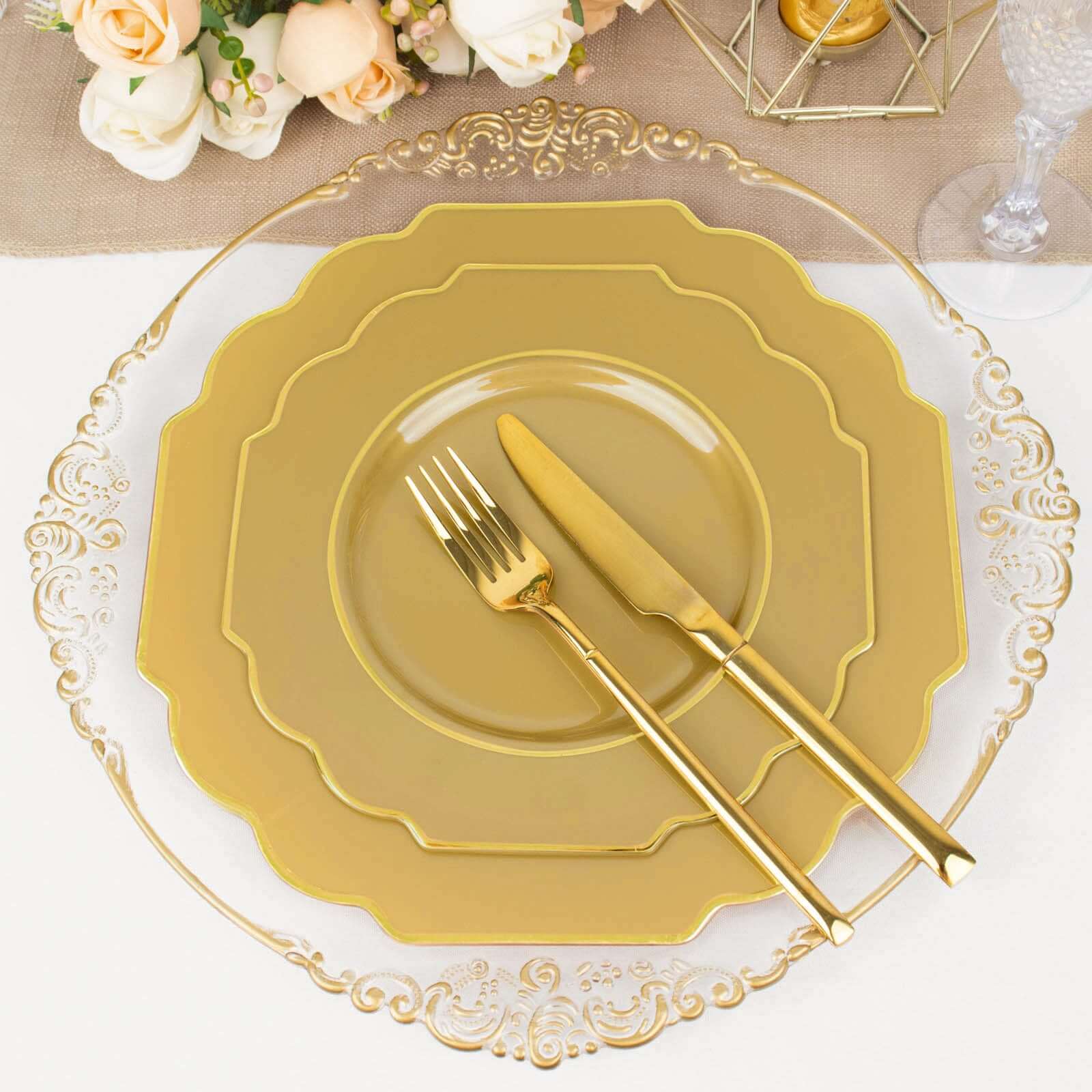 10-Pack Plastic Dessert Appetizer Plates in Gold Baroque Design with Scalloped Gold Rim - Heavy Duty Disposable Salad Plates 8"