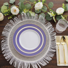 10-Pack Plastic Round Dessert Plates 7" White with Navy Blue Gold Spiral Rim - Disposable Salad Plates
