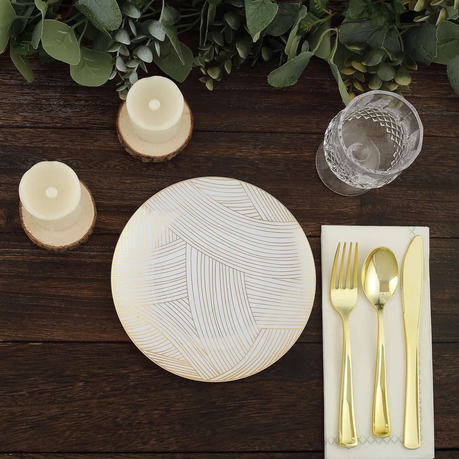 10-Pack Plastic 7" Round Dessert Plates in White with Gold Wave Brush Strokes Pattern - Disposable Appetizer Salad Plates for Modern & Classy Table Decor