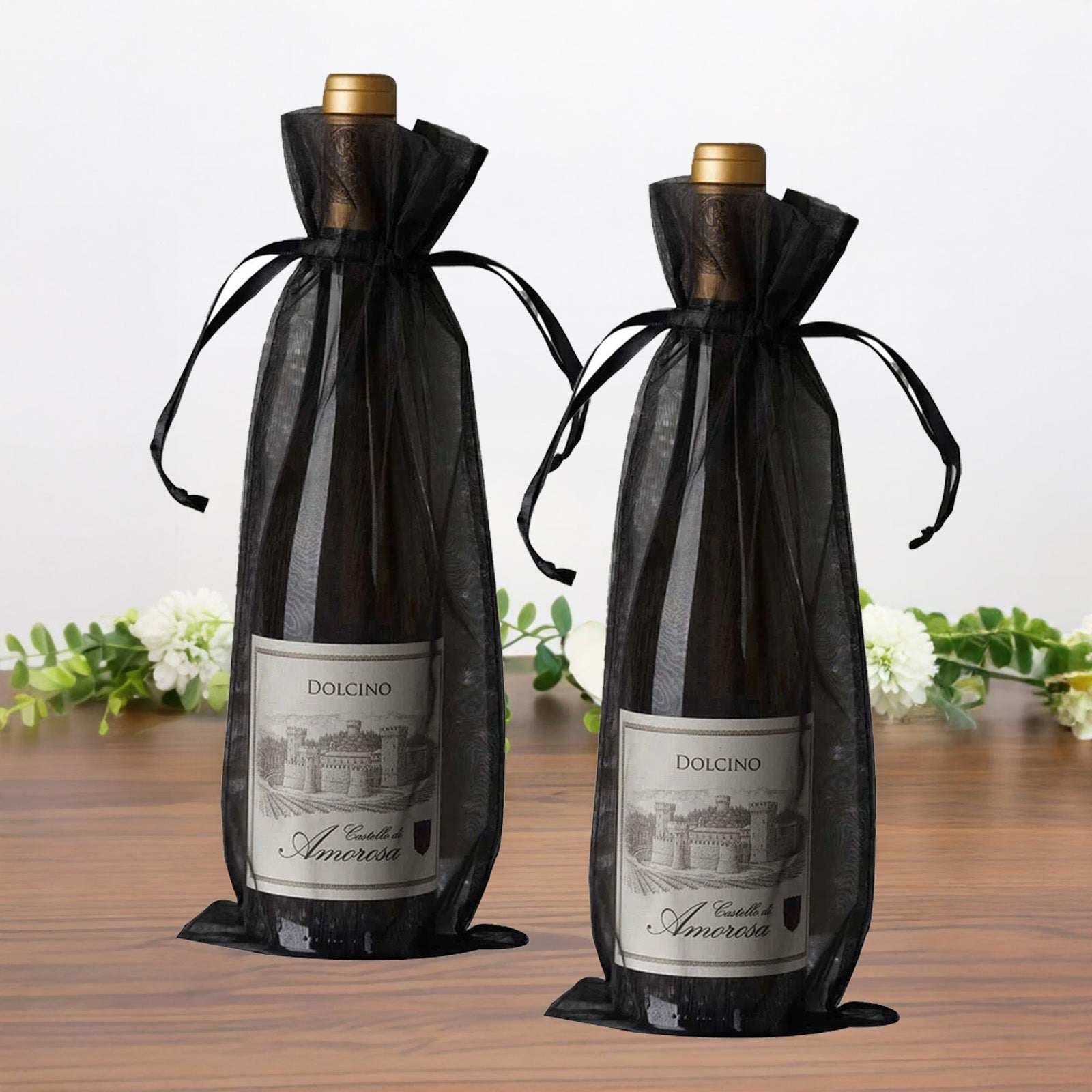 100 Pack Black Organza Wine Gift Bags with Drawstring, 6" x 15" – Wedding Party Bottle Favor Bags