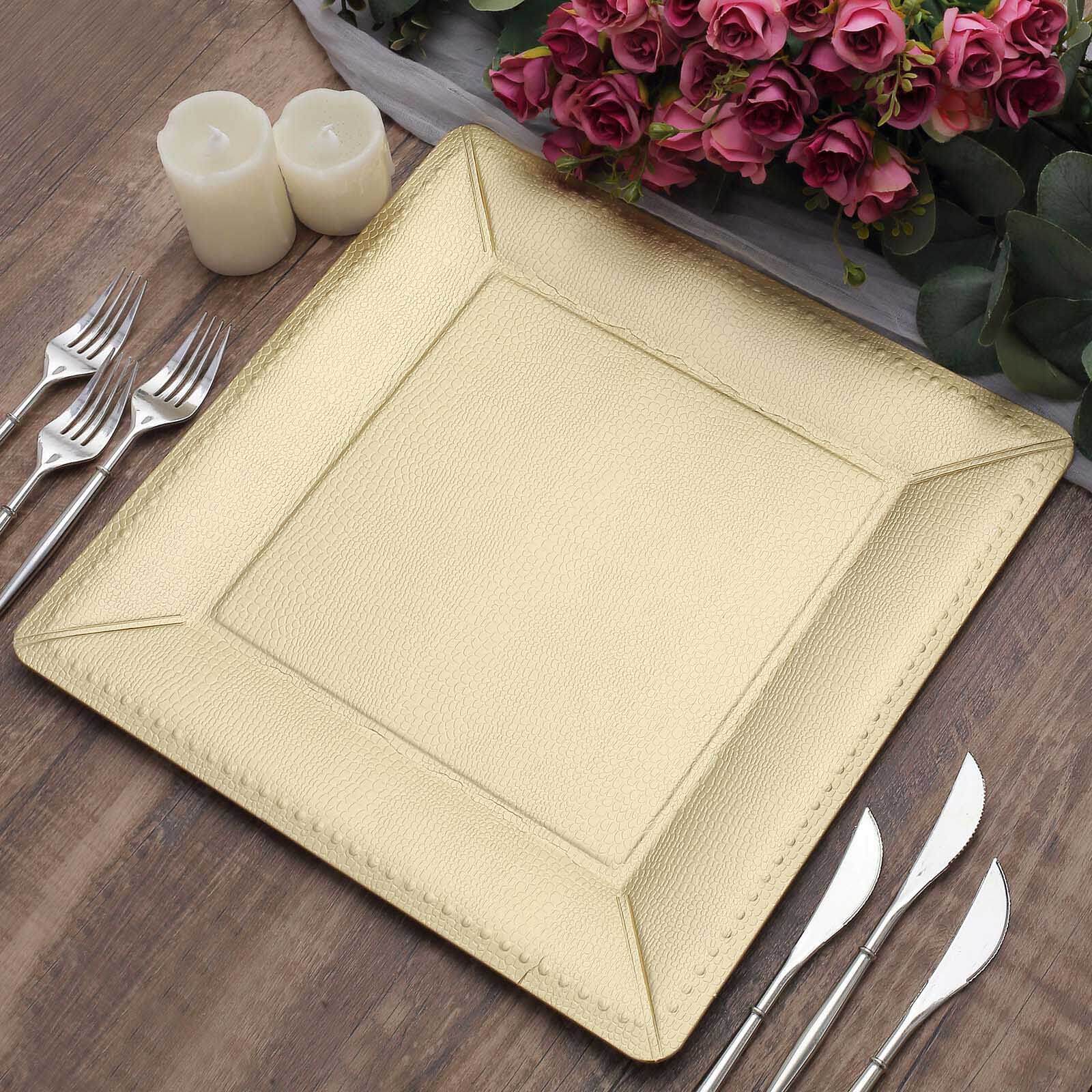 10-Pack Disposable Square Charger Plates in Champagne with Leather Like Texture - 1100GSM Durable Paper Chargers 13"