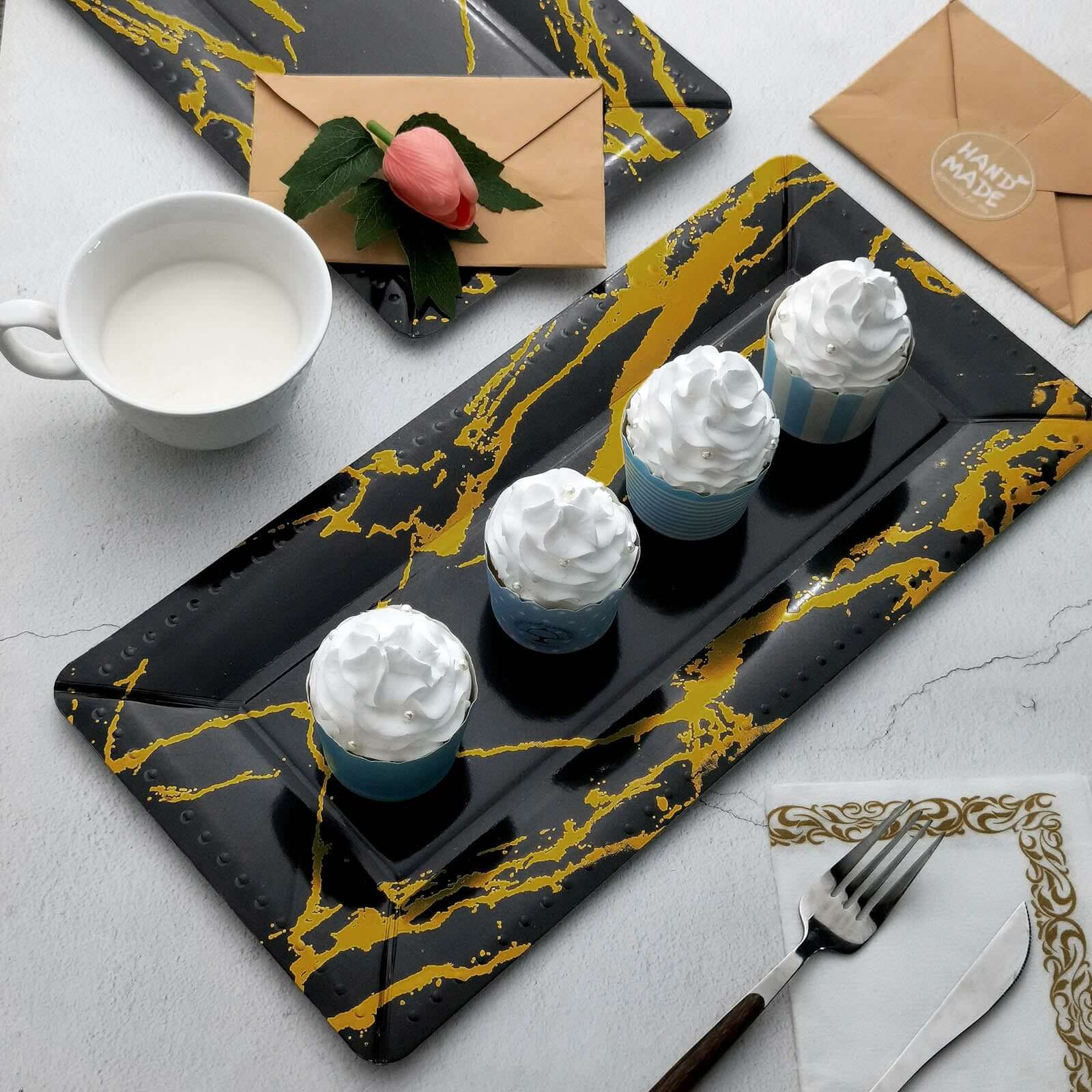 10-Pack Paper 16" Rectangle Serving Trays Black/Gold - Durable 1100GSM Disposable Food Platters with Modern Marble Design for Dessert Tables & Food Stations