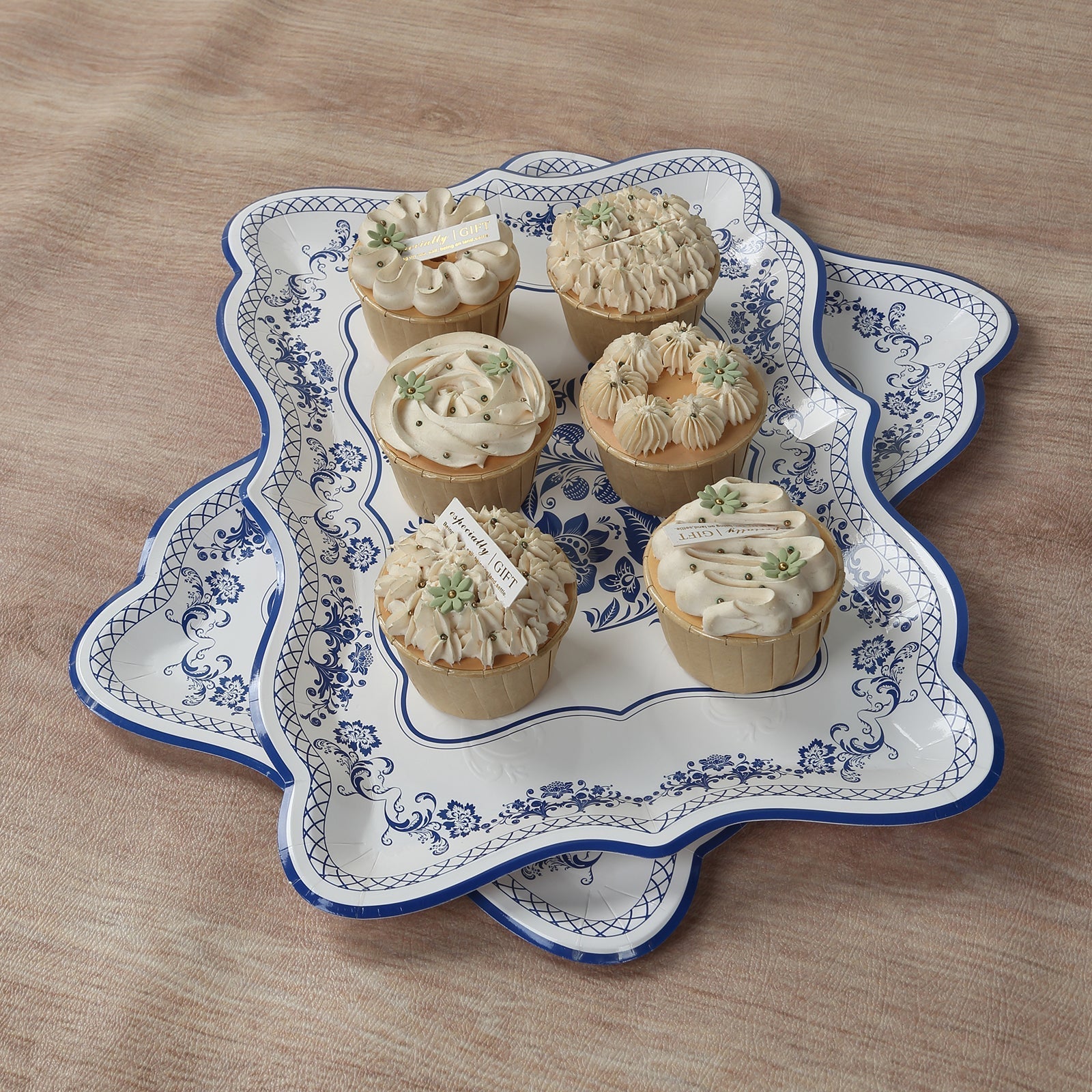 10-Pack Paper 14"x10" Rectangle Serving Trays White Royal Blue Damask Floral Pattern for Weddings & Parties