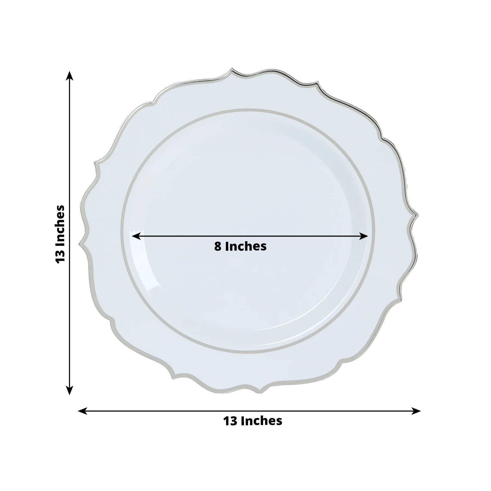 10-Pack Economy Plastic Round Charger Plates 13" in White with Silver Scalloped Rim, Decorative Dinner Party Serving Plates