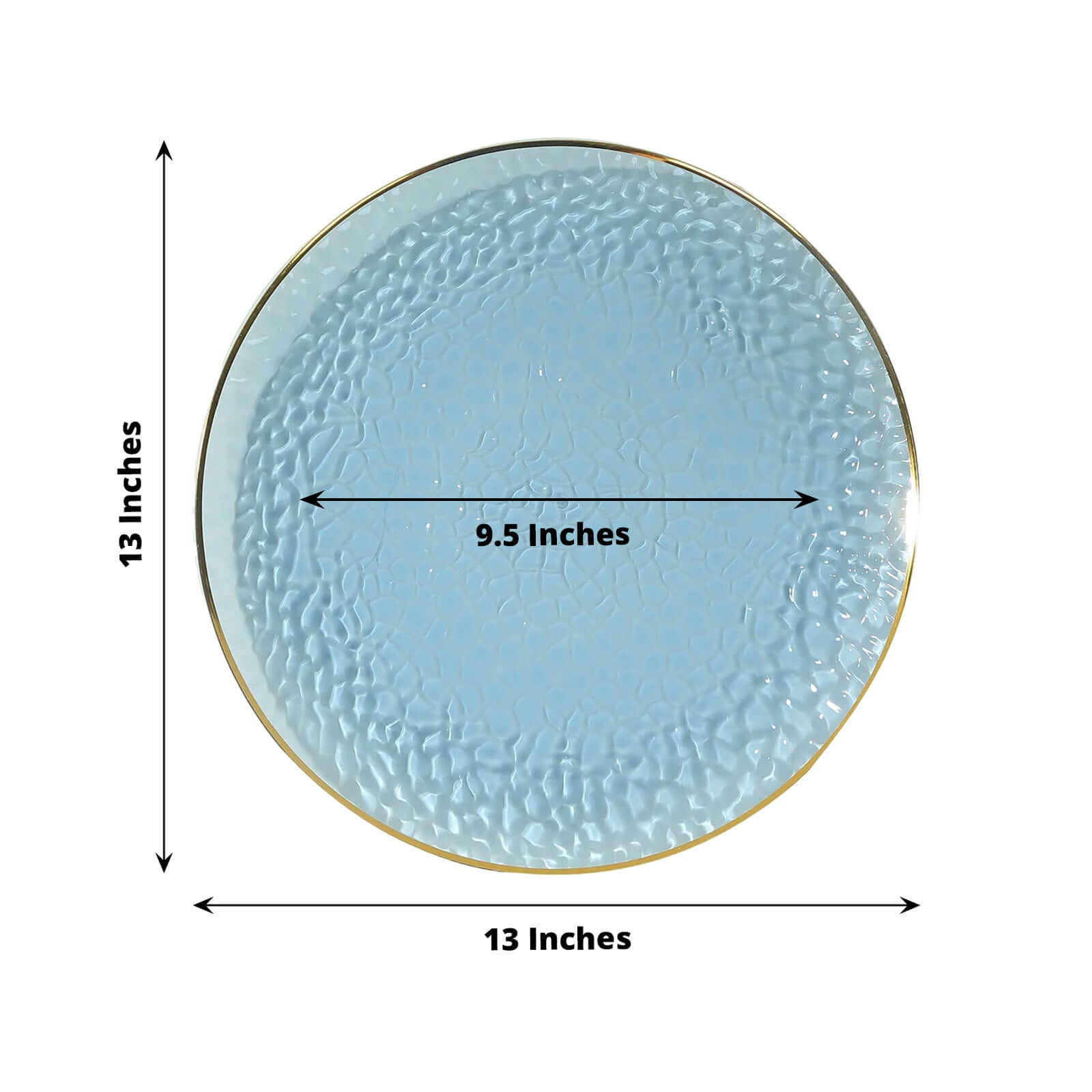 10 Pack Economy Plastic Round Charger Plates 13" in Transparent Dusty Blue Hammered Design with Gold Rim, Decorative Dinner Party Serving Plates