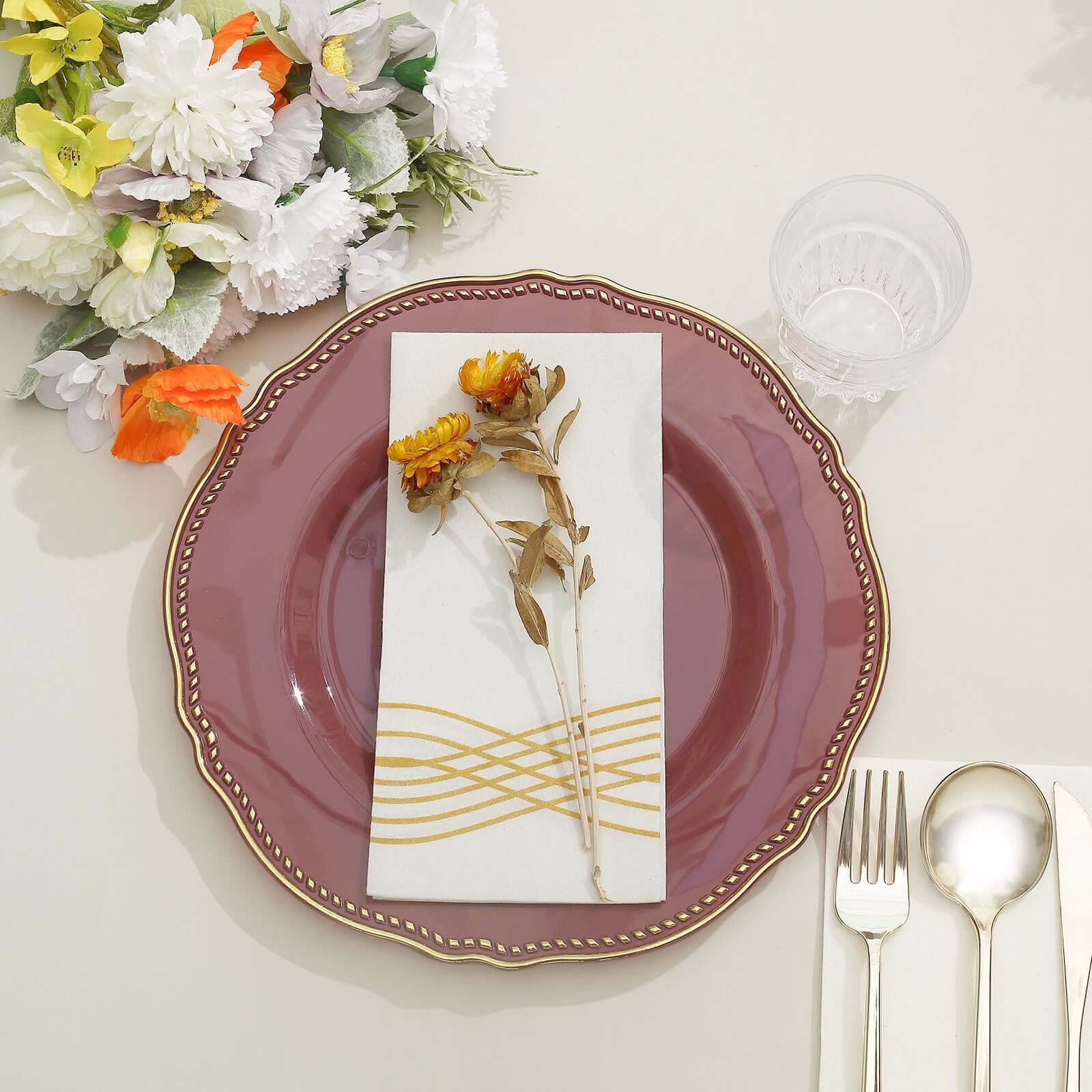 10-Pack Plastic 10" Dinner Plates in Cinnamon Rose with Gold Scalloped Rim - Disposable Large Party Plates