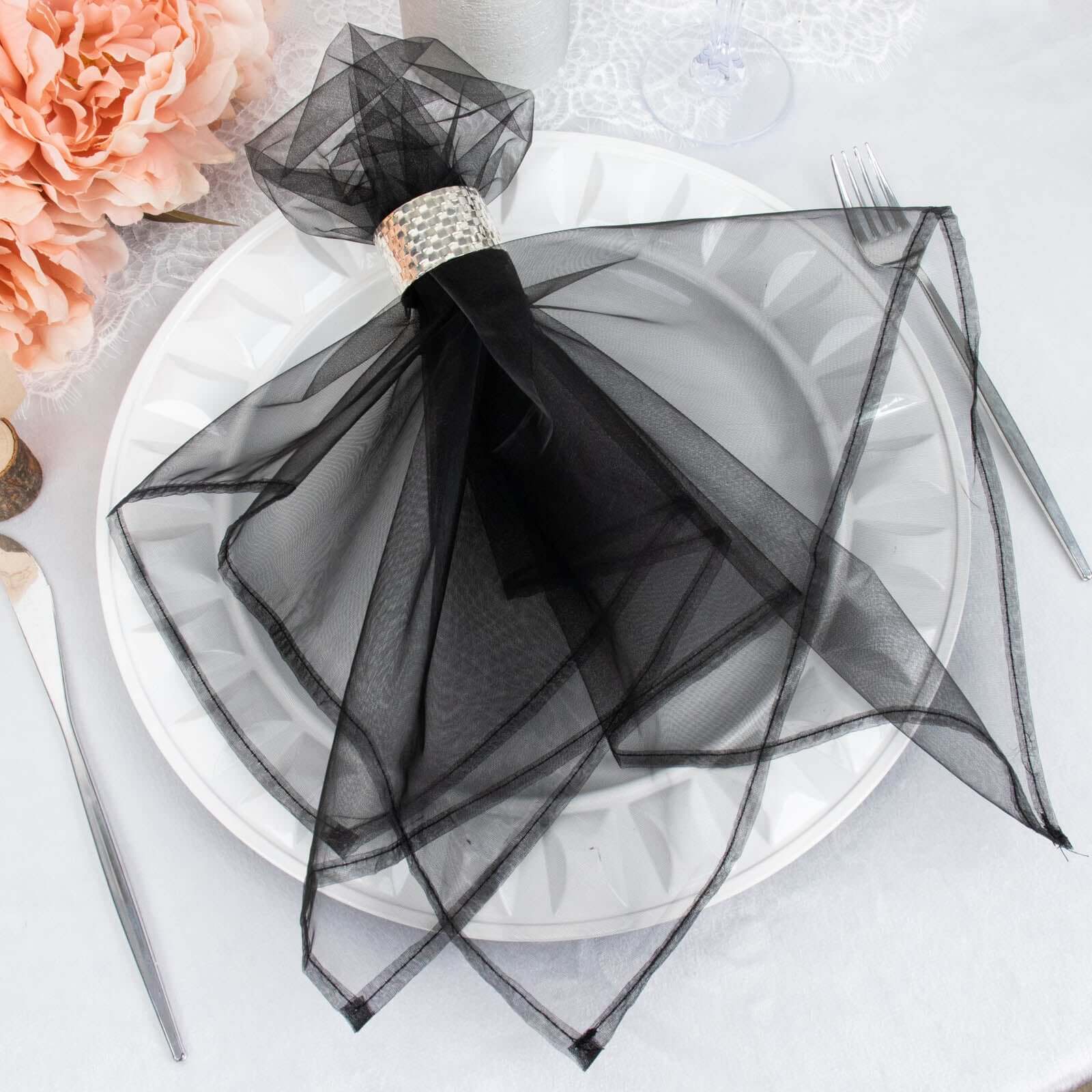 10 Pack Organza 23"x23" Napkins Black - Sheer Cloth Napkins