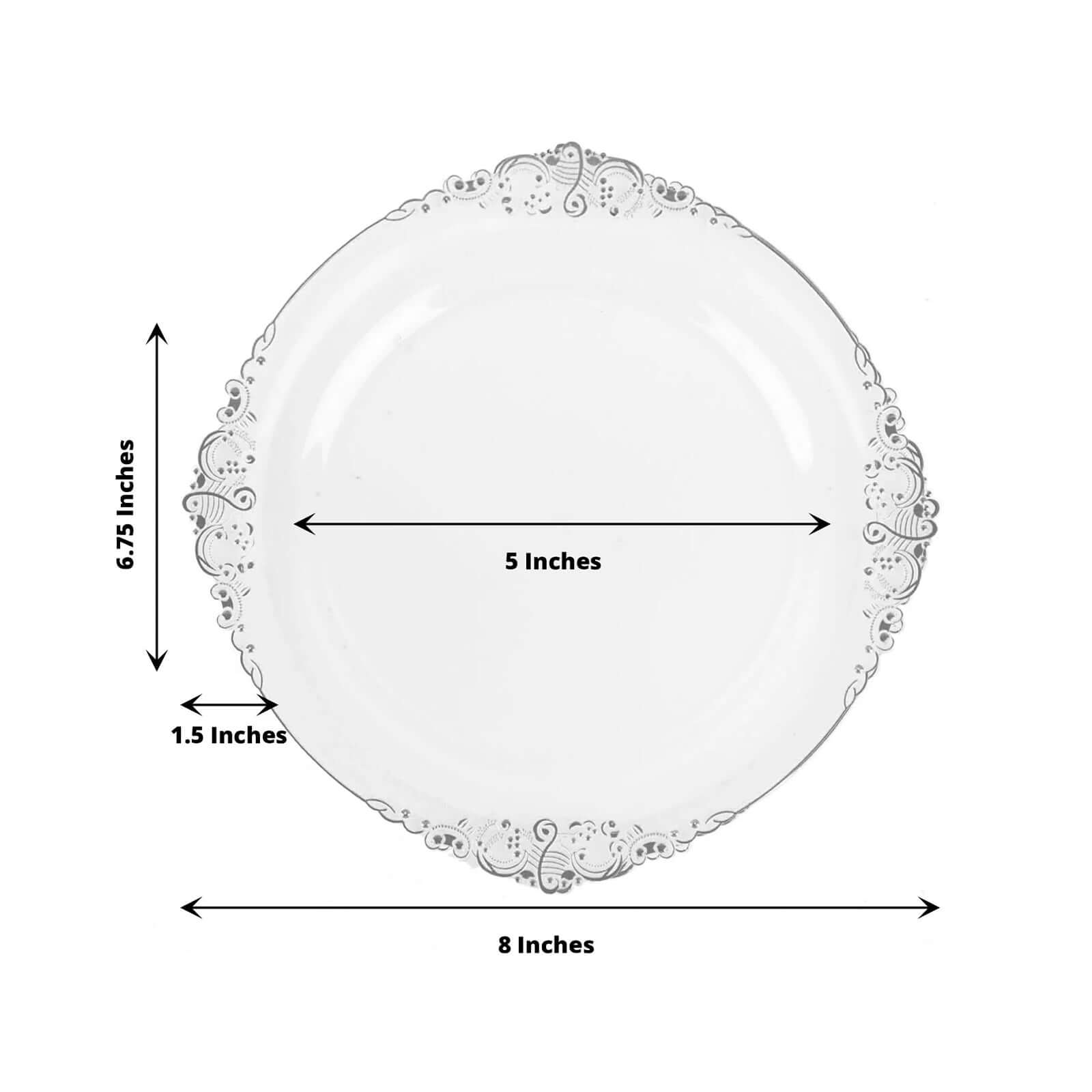 10-Pack Plastic 8" Round Dessert Plates in Clear with Silver Leaf Embossed Rim - Disposable Vintage Baroque Style Salad Plates