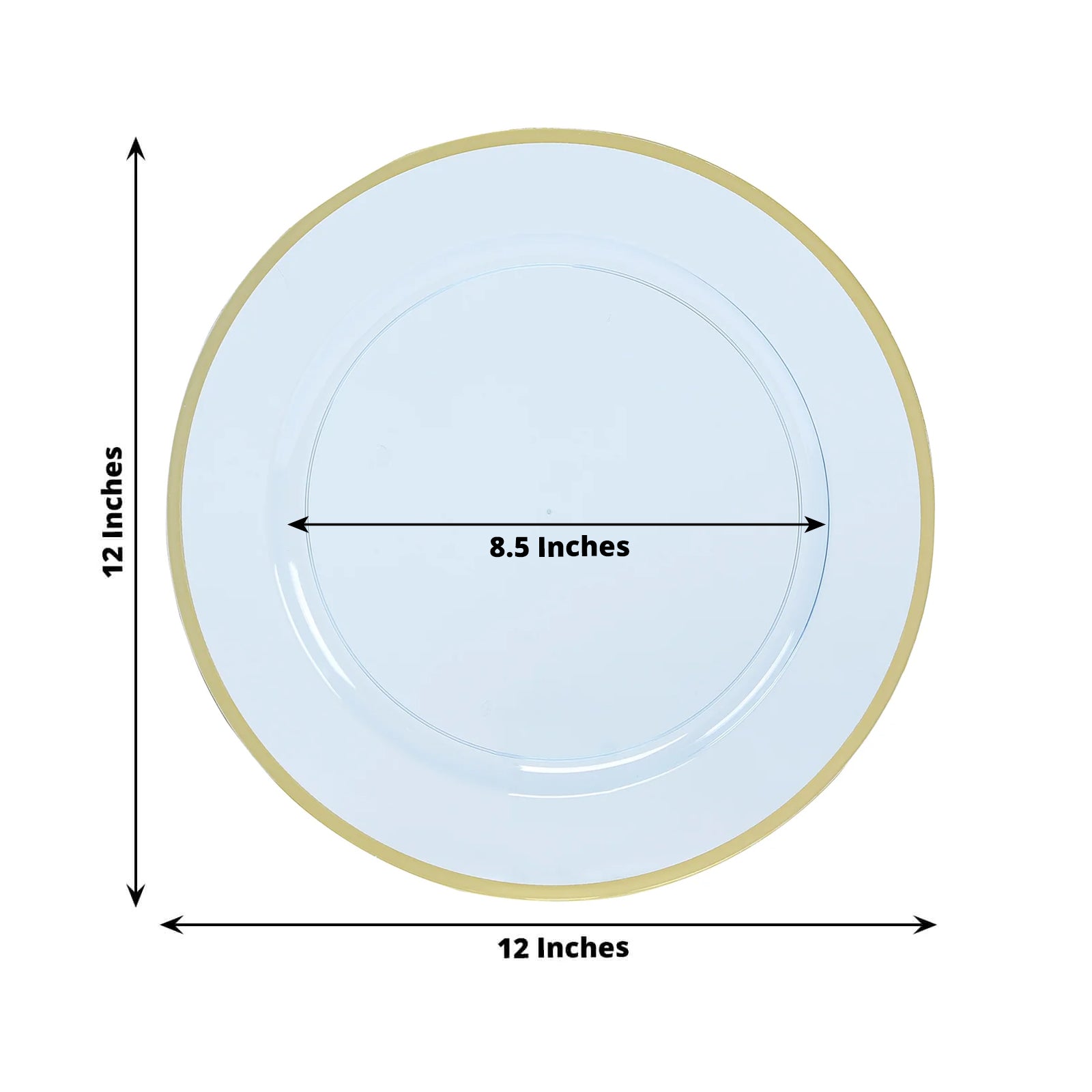 10-Pack Economy Plastic Round Charger Plates 12" in Transparent Dusty Blue with Wide Gold Rim, Decorative Dinner Party Serving Plates