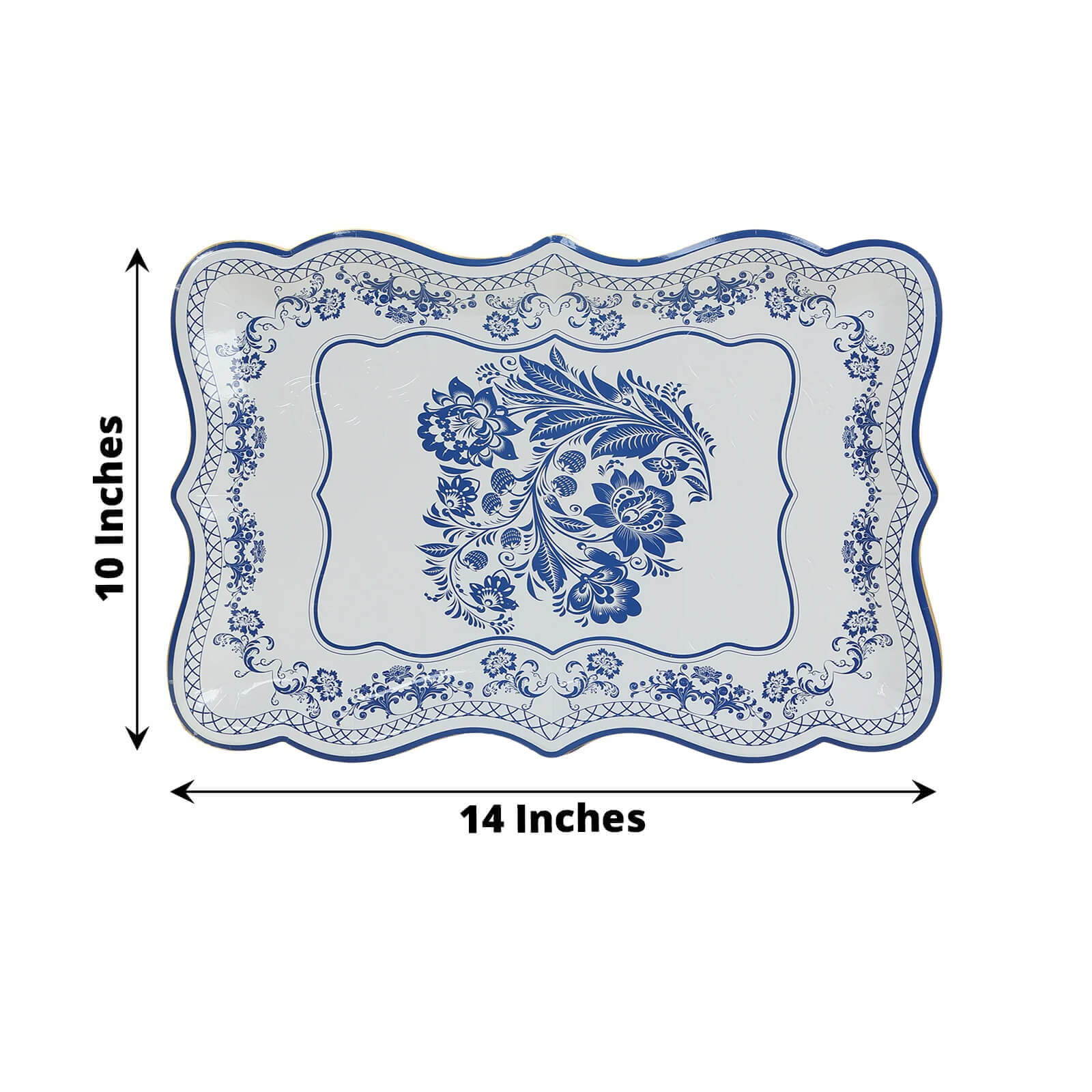10-Pack Paper 14"x10" Rectangle Serving Trays White Royal Blue Damask Floral Pattern for Weddings & Parties