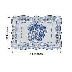 10-Pack Paper 14"x10" Rectangle Serving Trays White Royal Blue Damask Floral Pattern for Weddings & Parties