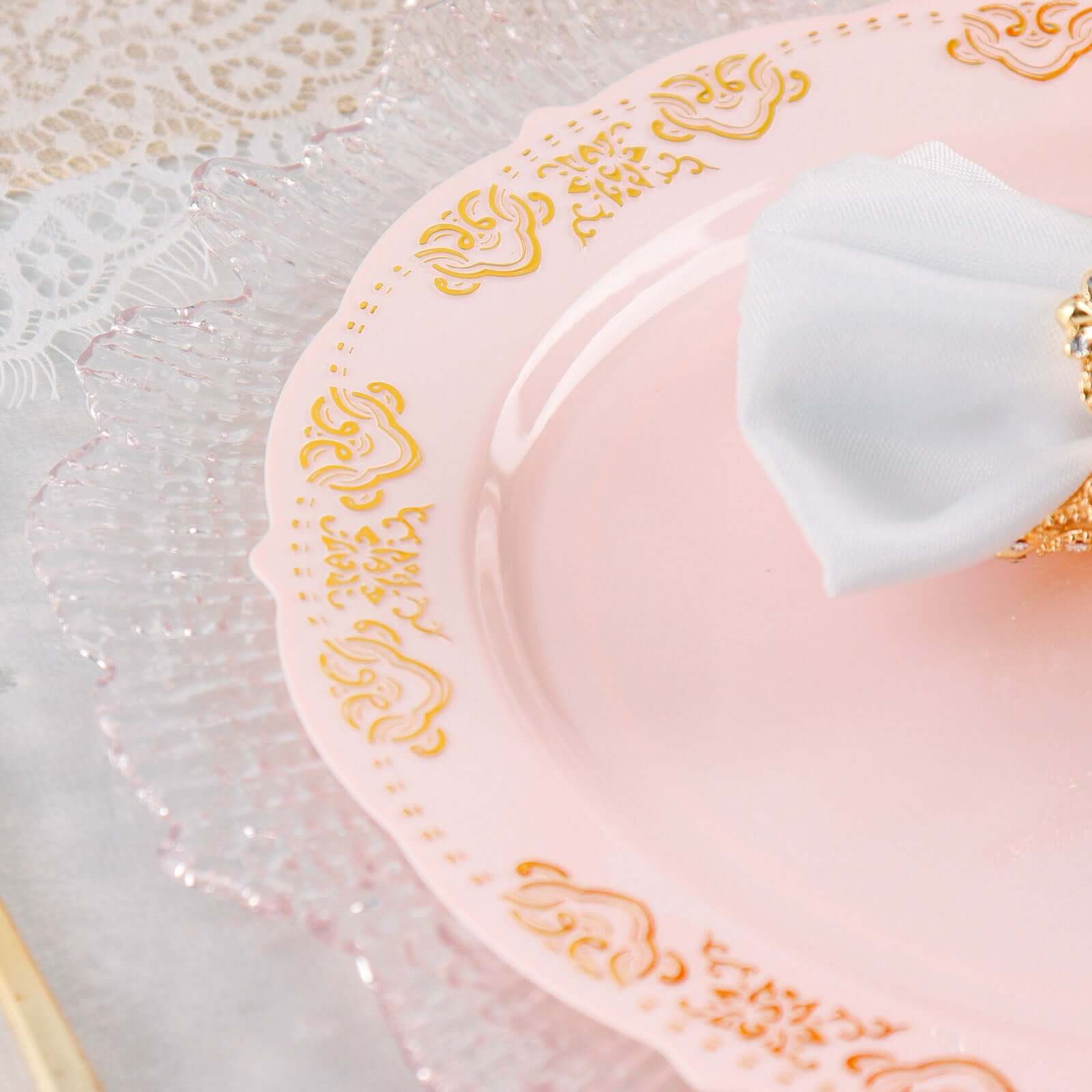 10-Pack Plastic 10" Round Dinner Plates in Blush with Gold Embossed Scalloped Edge - Chic Disposable Party Plates for Special Occasions & Banquets