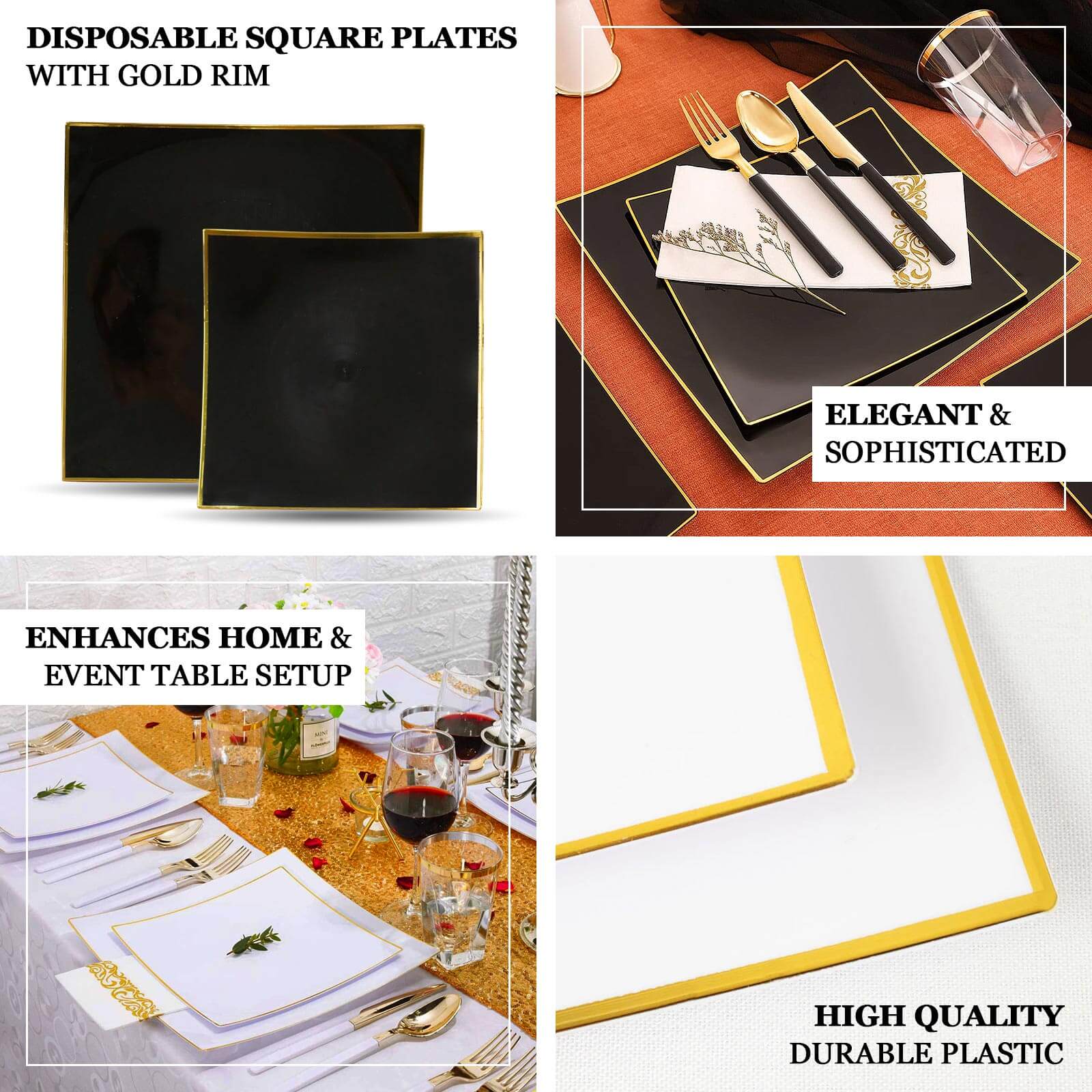 10-Pack Plastic 8" Square Dessert Plates in Clear Concave Style with Gold Rim - Modern Disposable Salad Appetizer Party Plates