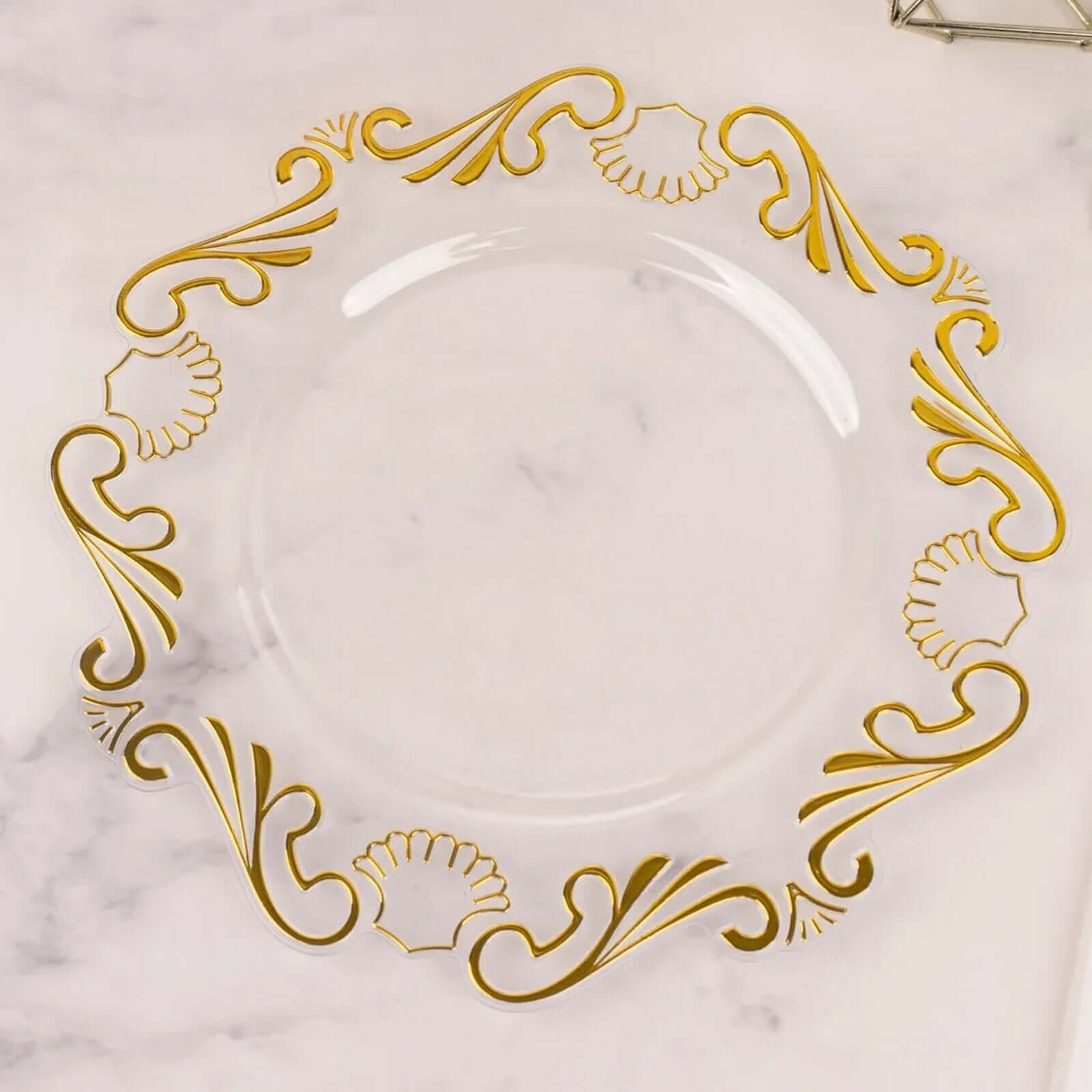 10-Pack Plastic 10" Round Dinner Plates in Clear with Gold Vintage Baroque Scalloped Rim - European Style Disposable Party Plates