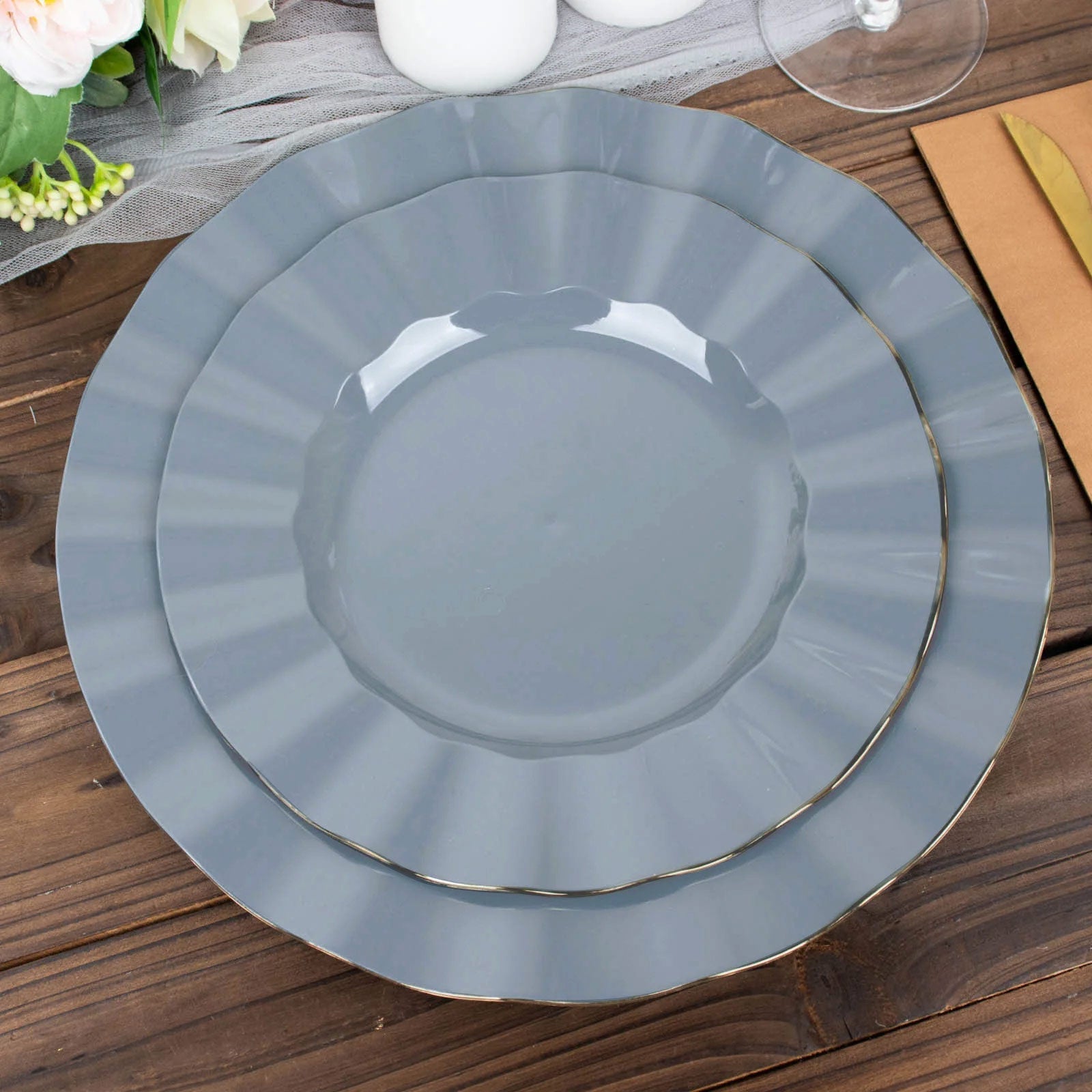 10-Pack Plastic 9" Round Dinner Plates in Dusty Blue Ruffled Rim with Gold Edging - Sturdy Disposable Dinnerware