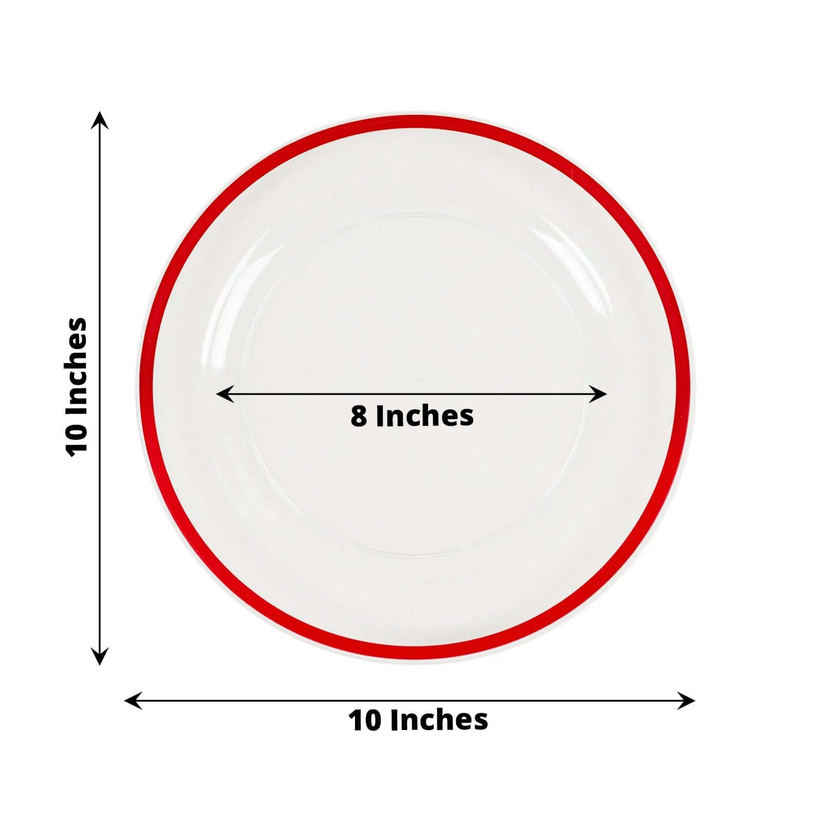 10-Pack Plastic 10" Round Dinner Plates in Clear with Red Rim - Disposable Party Plates for Classy Banquets & Special Occasions