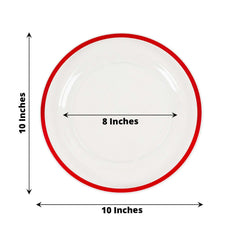 10-Pack Plastic 10" Round Dinner Plates in Clear with Red Rim - Disposable Party Plates for Classy Banquets & Special Occasions